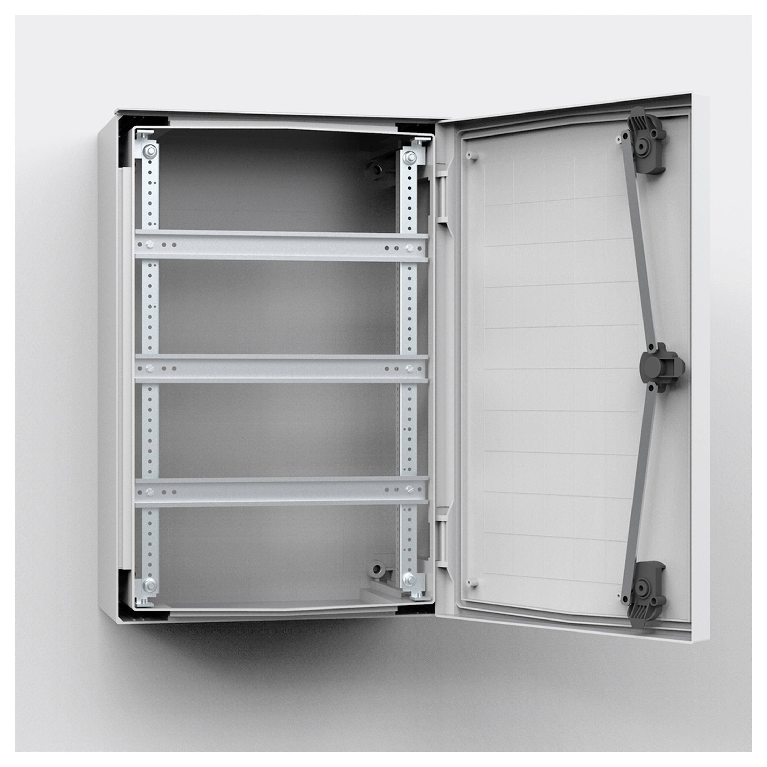 Metallschrank mit geöffneter Tür zeigt drei leere Regalebenen. Elegantes, schlichtes Design, geeignet zur Aufbewahrung oder Installation.