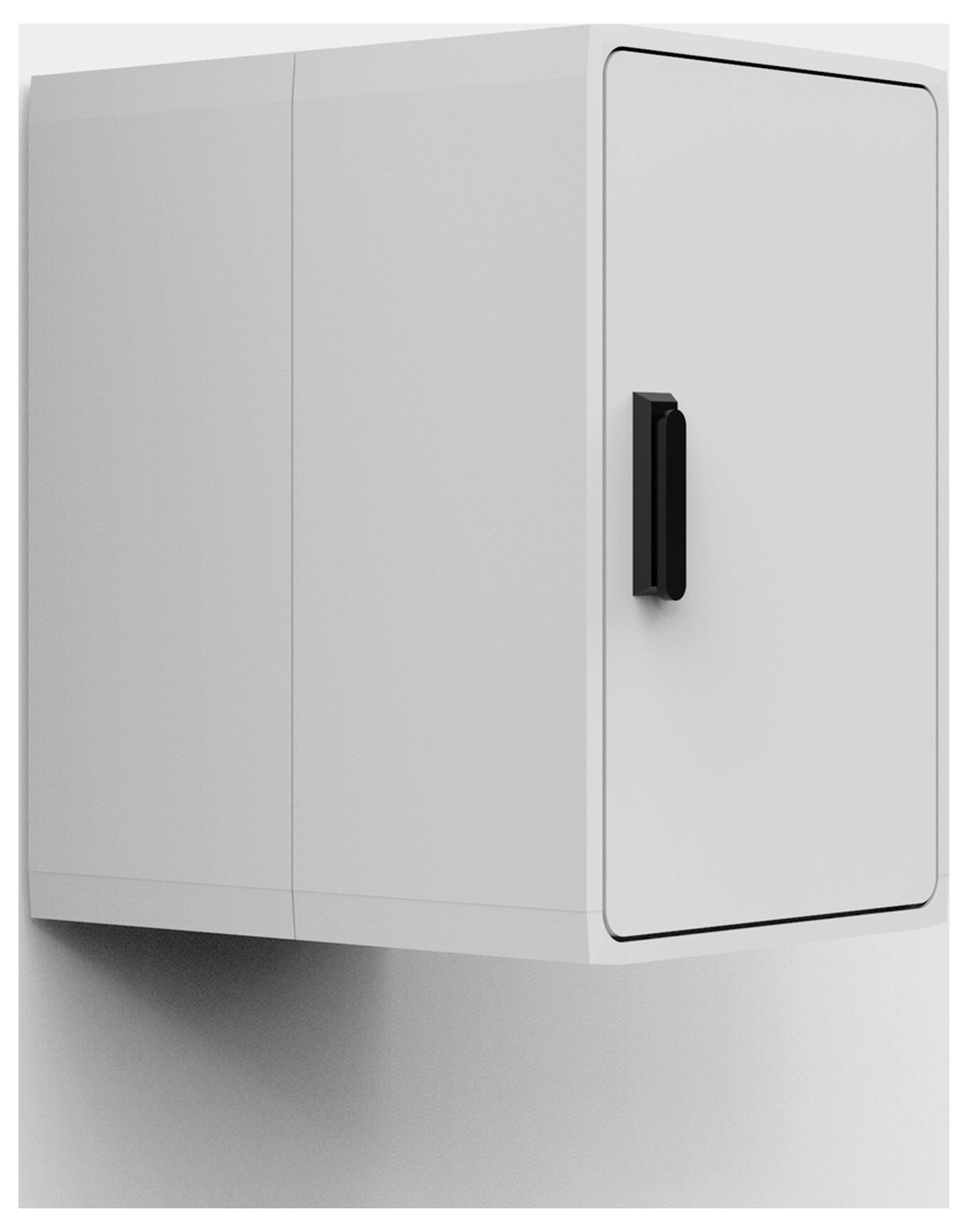 Ein grauer, rechteckiger Wandschrank mit schwarzem Griff, an einer Wand montiert, ohne sichtbaren Inhalt.