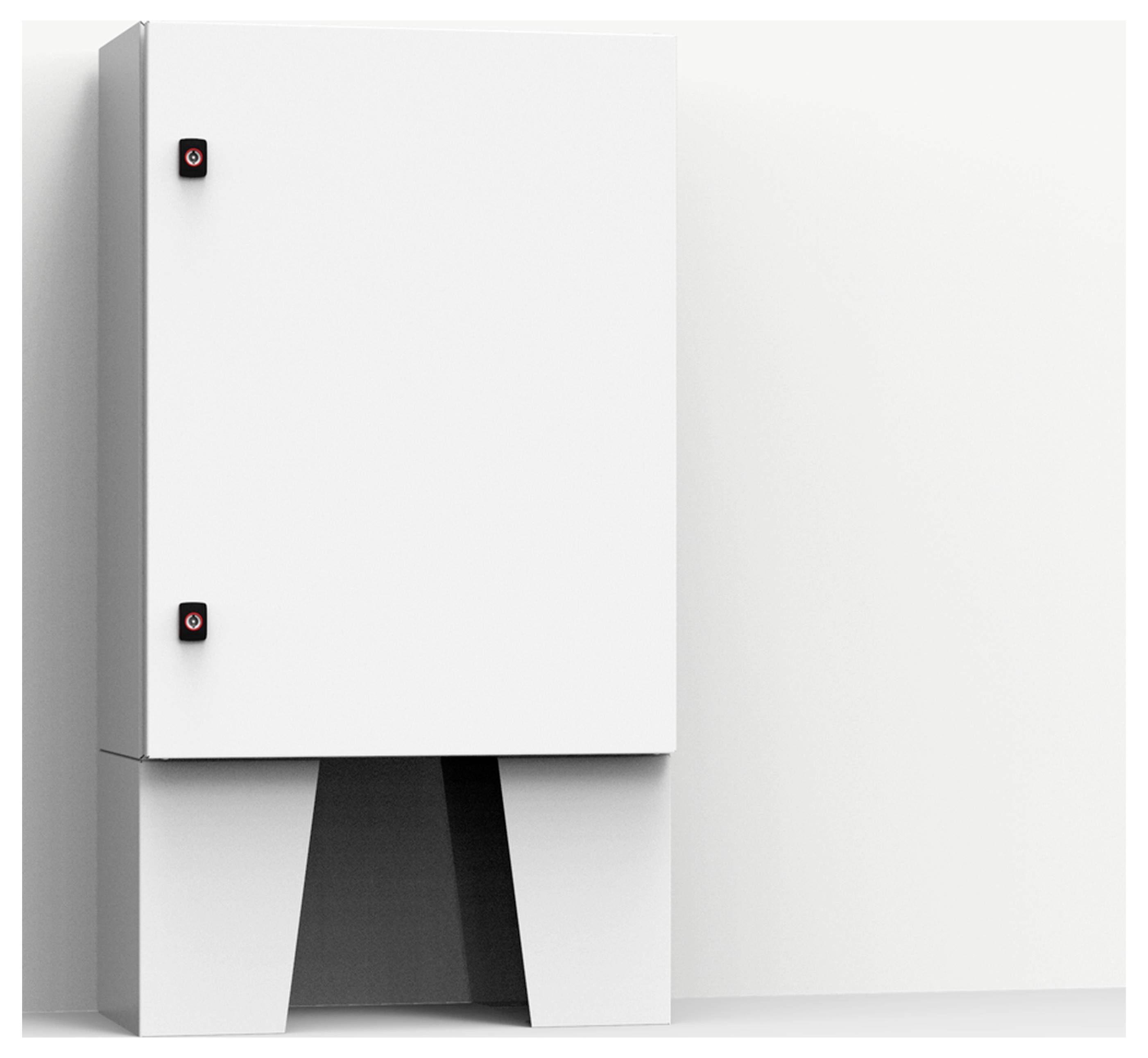 Ein weißer, rechteckiger Schrank mit zwei schwarzen Knöpfen steht an einer weißen Wand. Der Schrank hat einen vertikalen Standfuß.