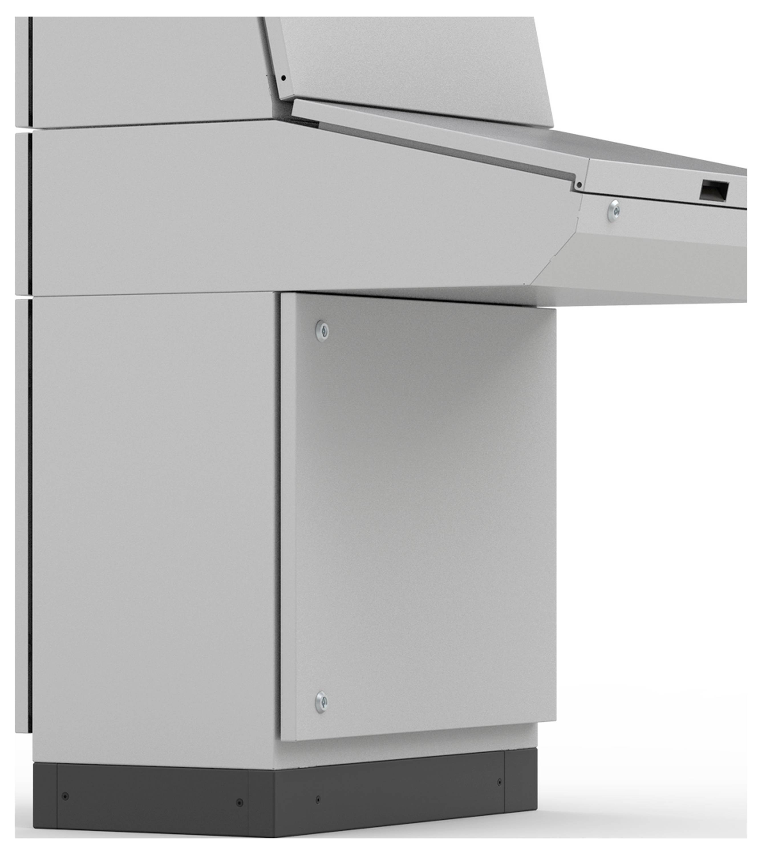 Ein grauer, moderner Kiosk oder Schalter mit geneigter Oberfläche und Schublade. Ideal zur Selbstbedienung in öffentlichen Räumen.