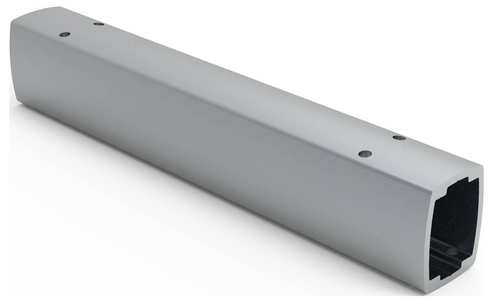 Silbernes, rechteckiges Metallrohr, mit glatter Oberfläche und zwei kleinen runden Löchern auf der Oberseite.