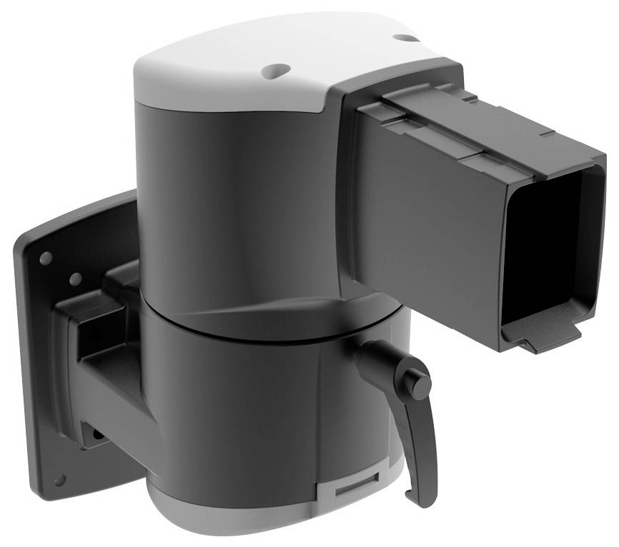 Ein schwarzer Wandhalterungs-Projektor. Schwenkbar, rechteckige Form, mattschwarze Oberfläche, mit verstellbarem Hebel.