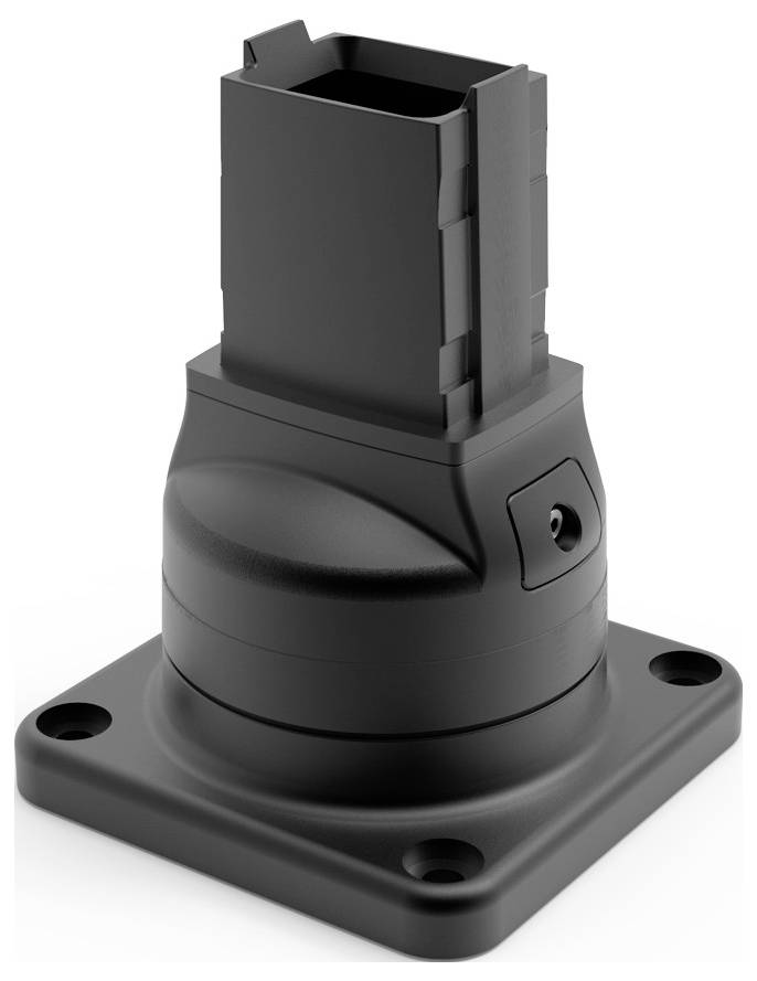 Ein schwarzer Plastikverbinder mit rechteckigem oberen Teil und vier Befestigungslöchern an der breiten Basis.