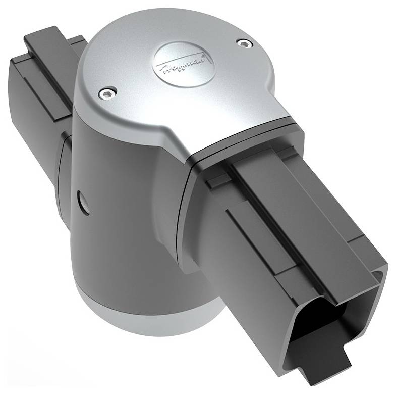 Schwarz-graue elektrische Steckverbindung mit Metallabdeckung, hergestellt von Phoenix Contact, zeigt Anschlüsse und robustes Design.