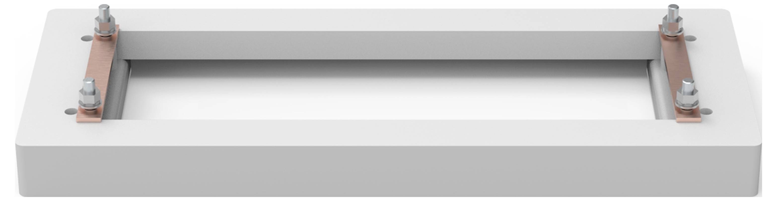 Rechteckiger Rahmen mit zwei Kupferstreifen und Bolzen, vermutlich Teil einer technischen Komponente oder eines elektrischen Anschlusses.