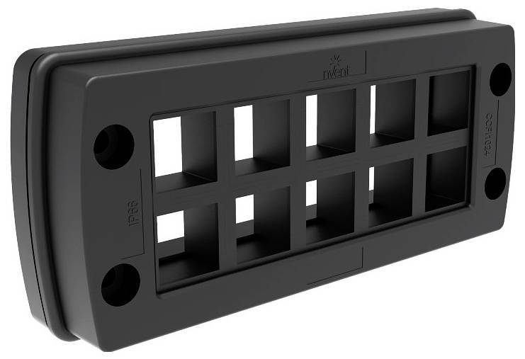 Ein schwarzer rechteckiger Halter mit 12 quadratischen Öffnungen zur Kabeldurchführung, geeignet für Befestigung an Wand oder Panel.