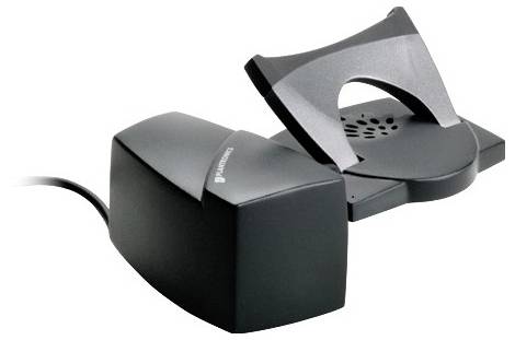 Ein schwarzer Telefonhörerheber mit Kabel, geeignet für die Verwendung mit Desktop-Telefonen, um eingehende Anrufe automatisch anzunehmen.