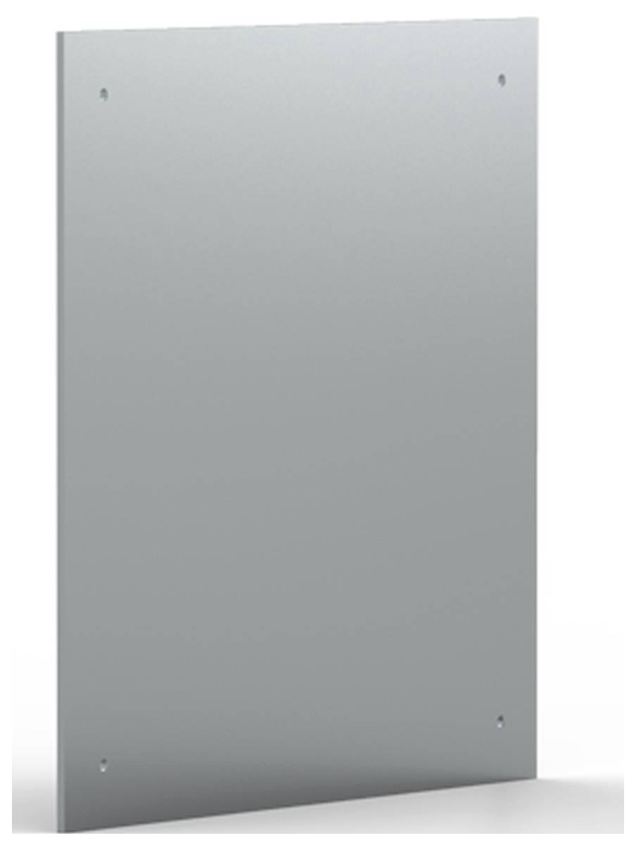 Metallplatte mit abgerundeten Ecken und vier Löchern in den Ecken. Die Oberfläche ist glatt und silbern.