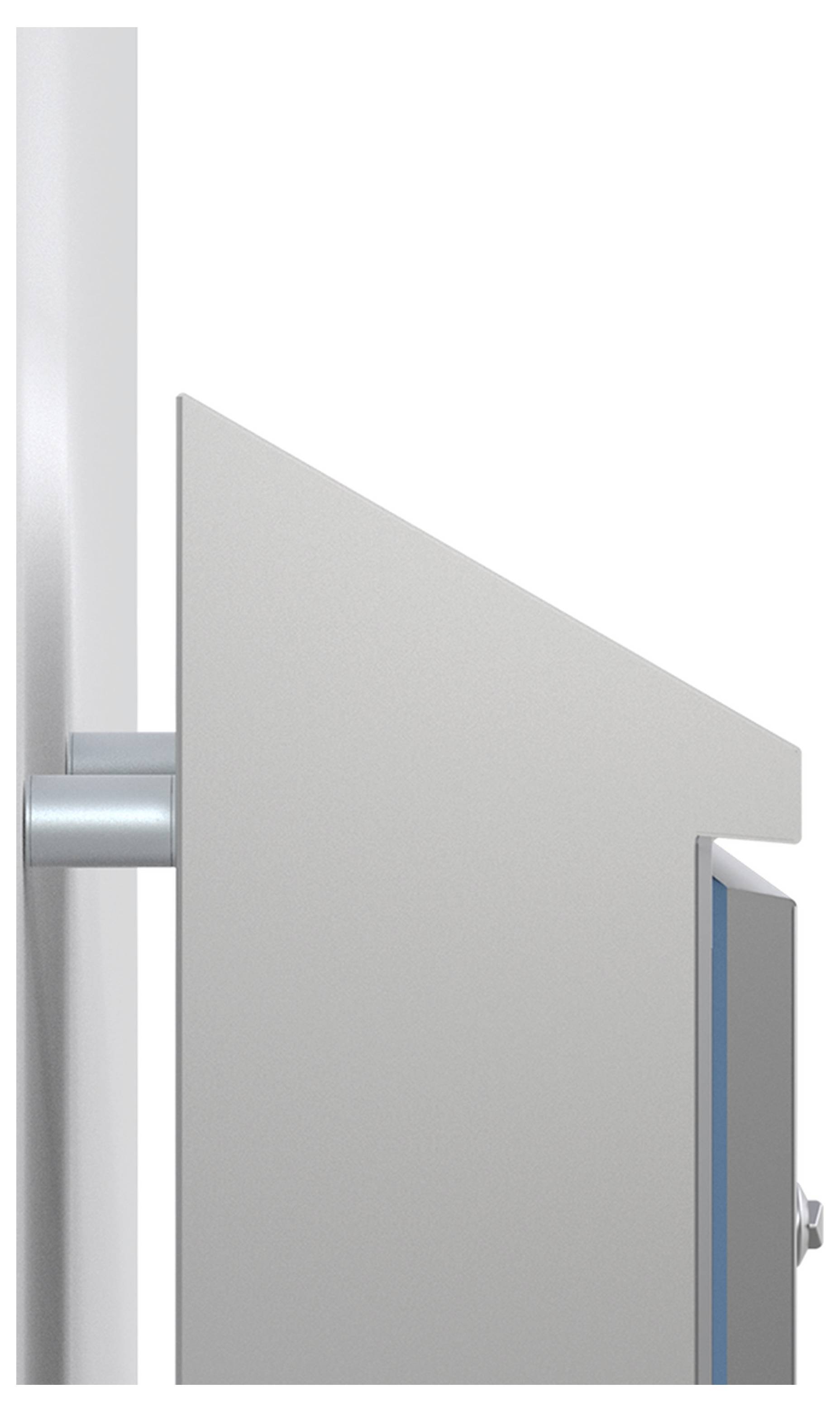 Ansicht einer Metallplatte mit abgeschrägter Kante, die an einem vertikalen Zylinder befestigt ist. Minimalistisches Design.