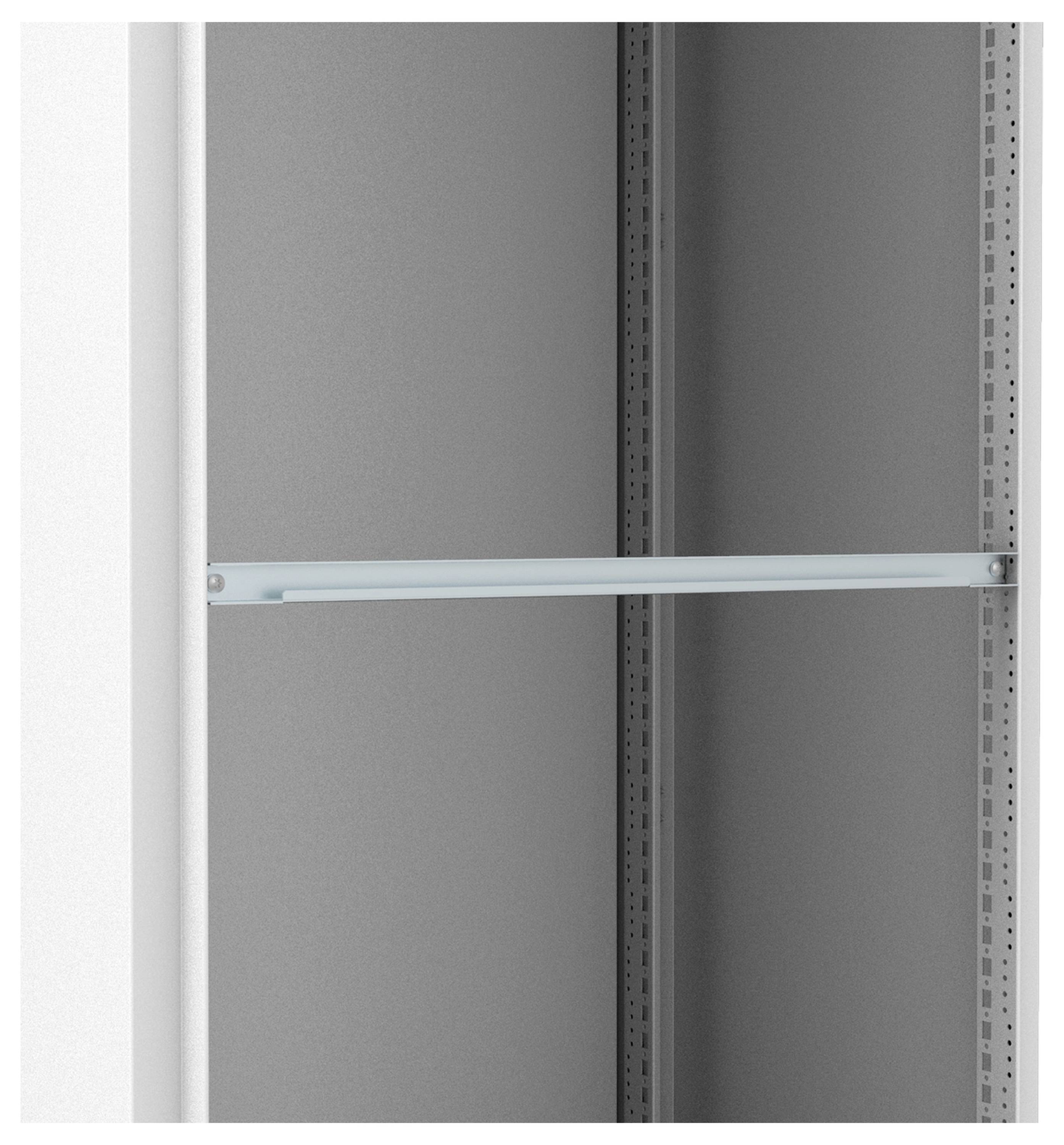 Ein leerer Schrank mit einem einzelnen horizontalen Regalbrett in der Mitte, umgeben von grauen Rück- und Seitenwänden.