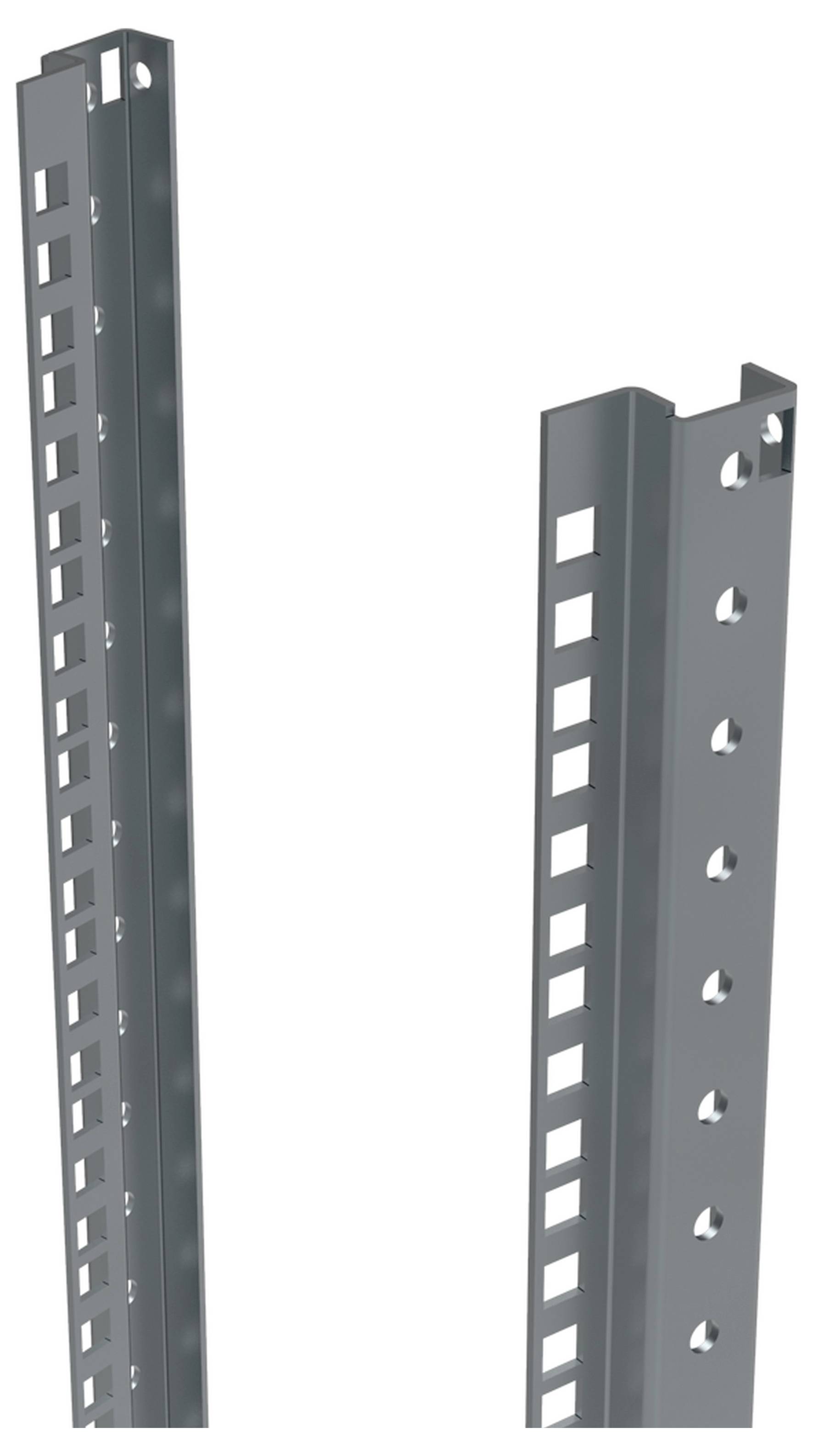 Zwei vertikale Metallstreben mit quadratischen und runden Löchern im symmetrischen Muster, wahrscheinlich Teil eines Regalsystems.