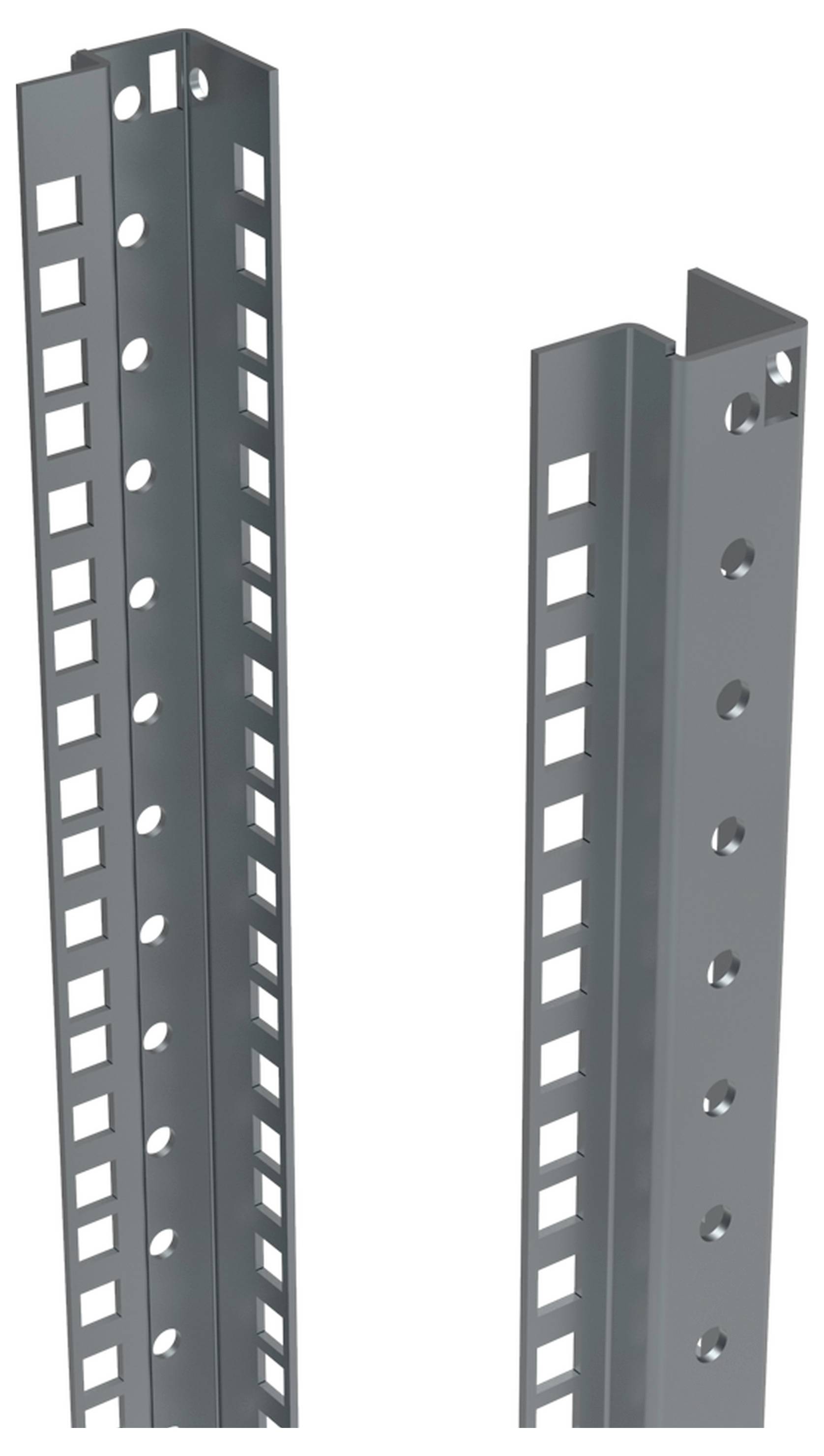 Zwei Metallprofile mit quadratischen und runden Lochungen, geeignet für modulare Baukonstruktionen oder Regalsysteme.