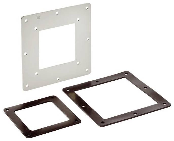 Dichtungen aus Metall und Kunststoff in quadratischer Form mit Löchern an den Ecken, zur Verwendung in mechanischen Anwendungen.