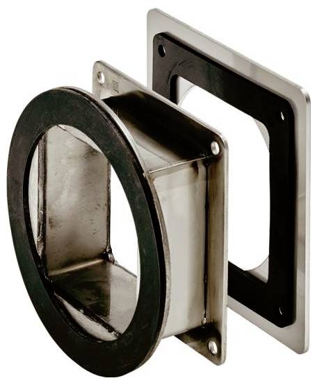 Zwei rechteckige Metallflansche mit runden Öffnungen, die zusammengesetzt werden können, wirken wie ein Dichtungselement.