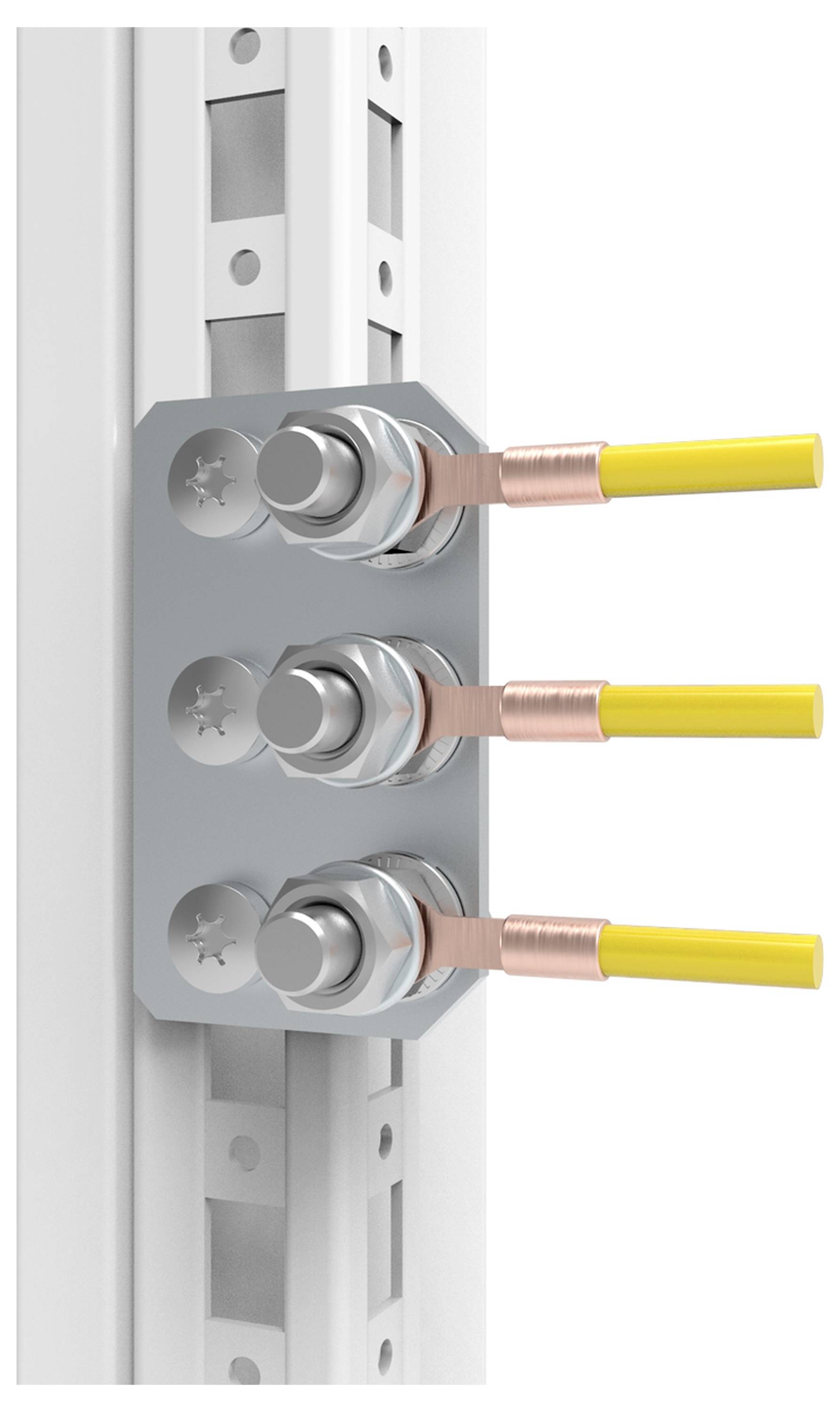 Drei gelbe Kabel sind mit einer silbernen Halterung an einer vertikalen Metallschiene befestigt.