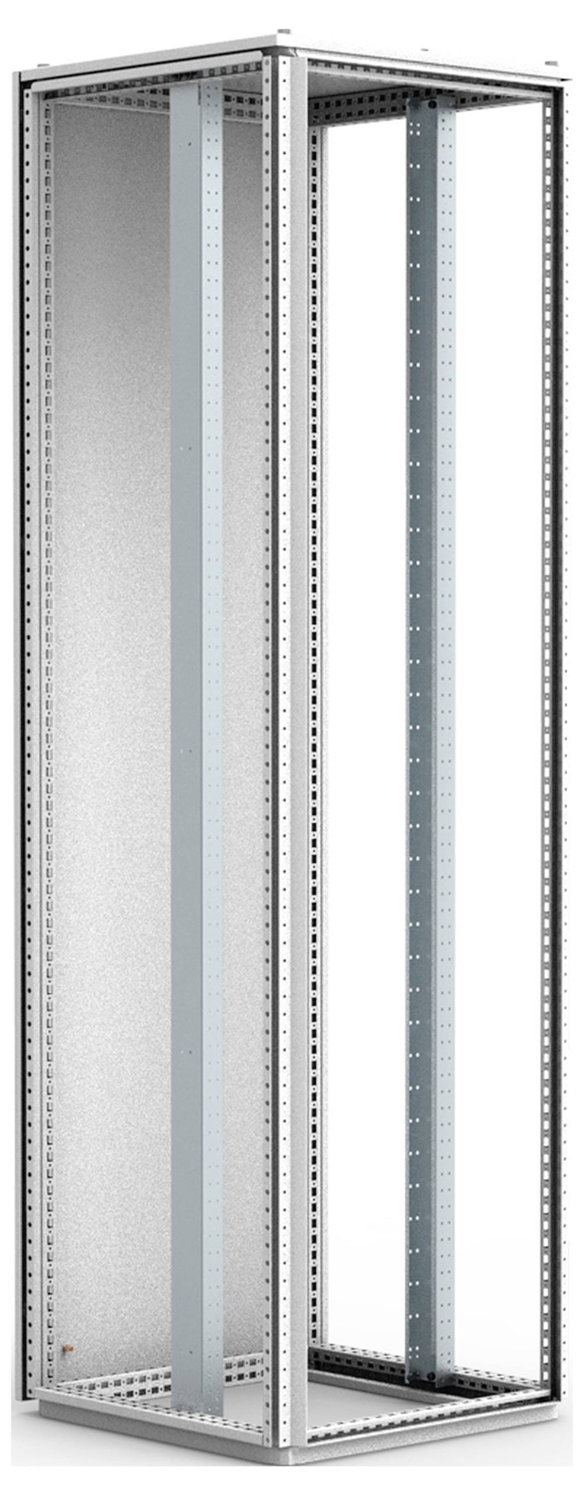 Ein leerer, rechteckiger Metallrahmen in Form eines Serverschranks, geeignet für die Montage von Netzwerk- oder Serversystemen.