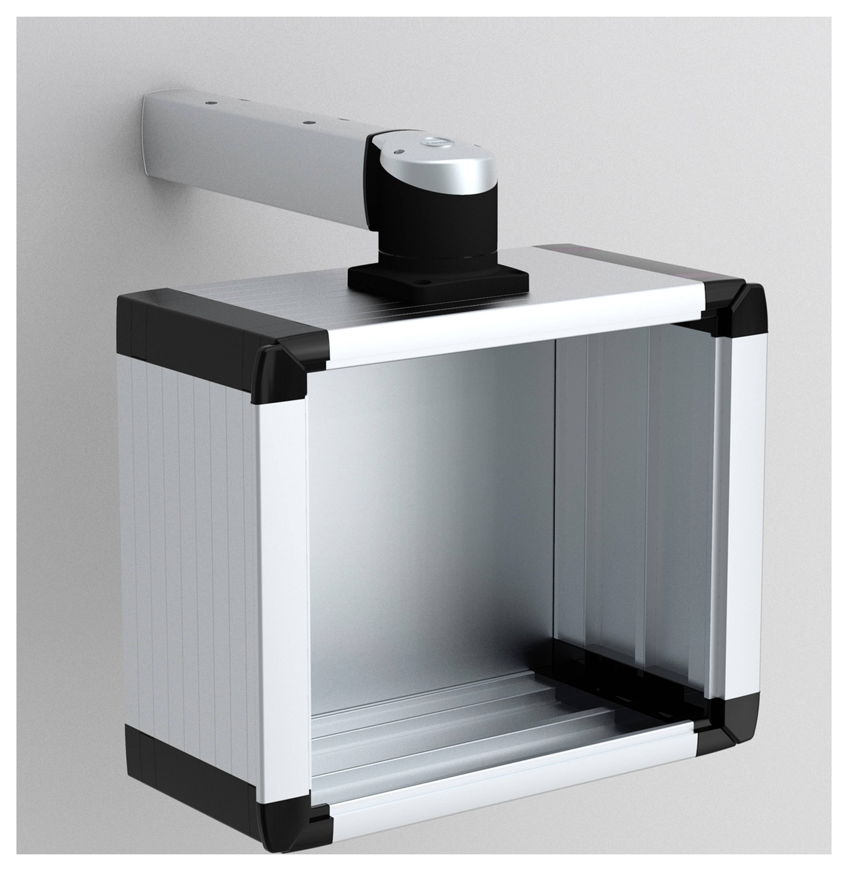 Wandhalterung mit verstellbarem Gelenk und quadratischem Fach aus Metall. Eignet sich zur Installation elektrischer Komponenten.