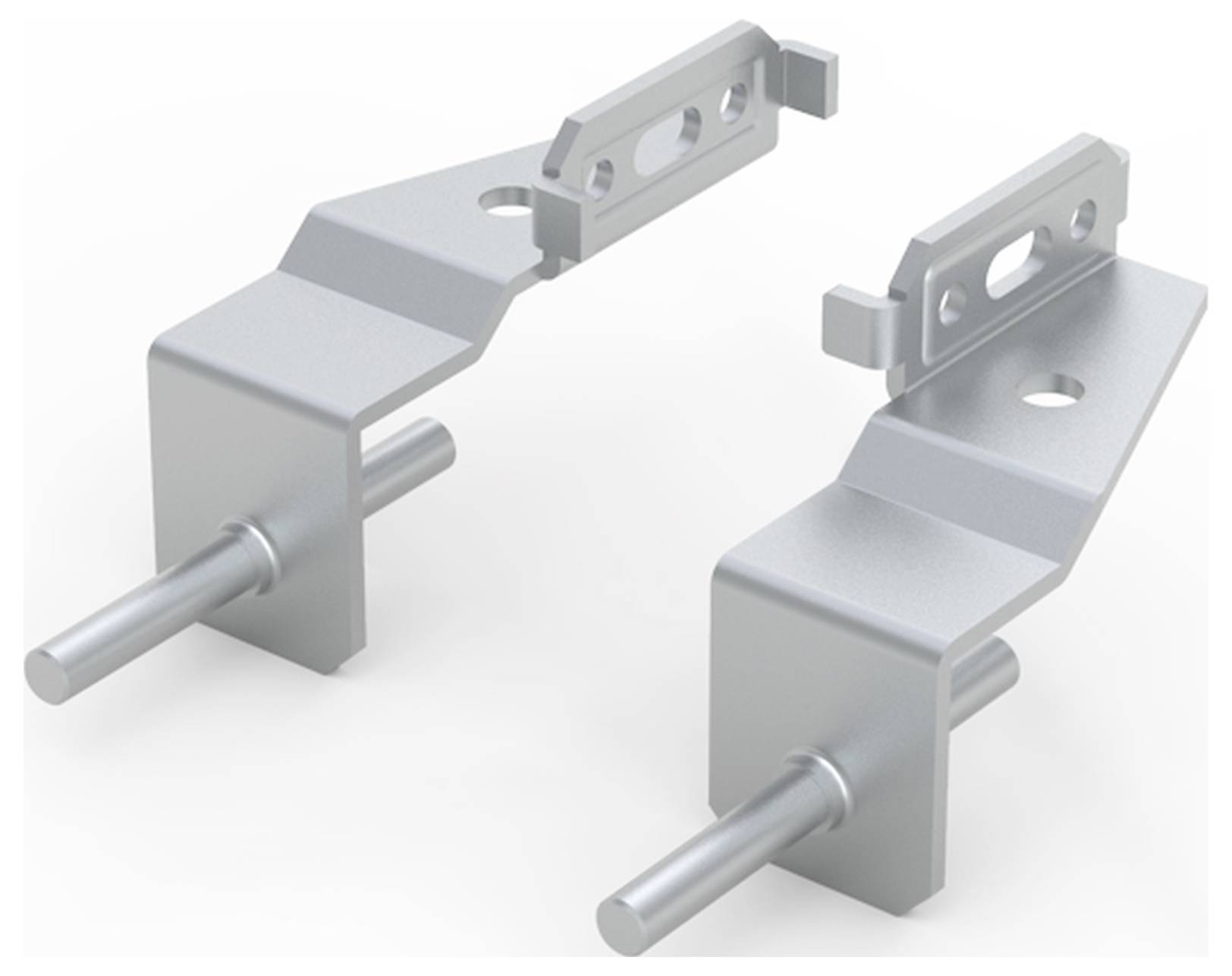 Metallteile eines mechanischen Bauteils mit zwei Stangen und gezackten oberen Elementen, die vermutlich zur Befestigung dienen.
