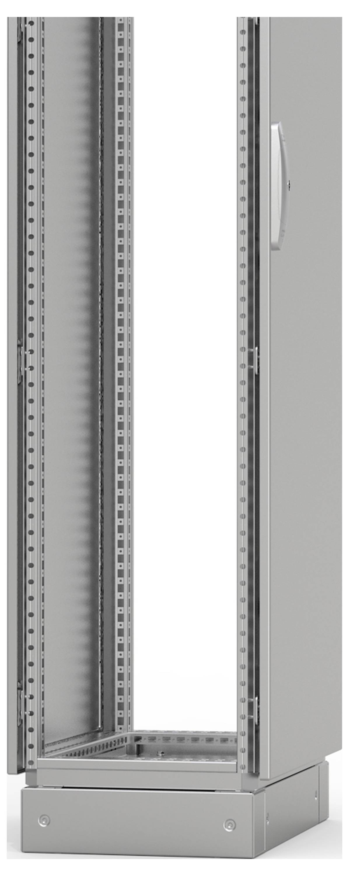 Metallschrankgehäuse mit geöffneter Tür, zeigt leere Innenseiten. Geeignet für die Netzwerk- und Kabelinstallation.