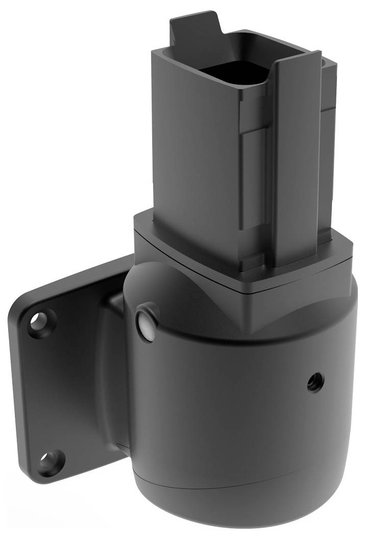 Ein schwarzes, zylindrisches Bauteil mit rechteckigem, vertikalem Aufsatz auf einer rechteckigen Halterung mit zwei Schraubenlöchern.