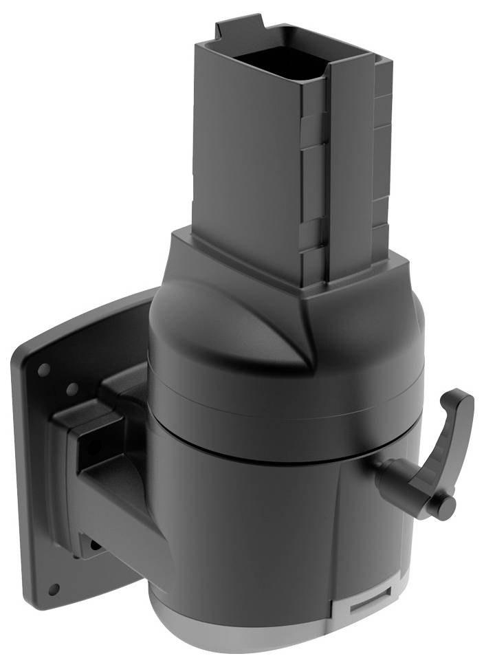 Schwarzes, wandmontiertes Kunststoffgehäuse mit rechteckigem Anschluss und seitlicher Sicherungsklammer, verwendet für industrielle Belüftungssysteme.