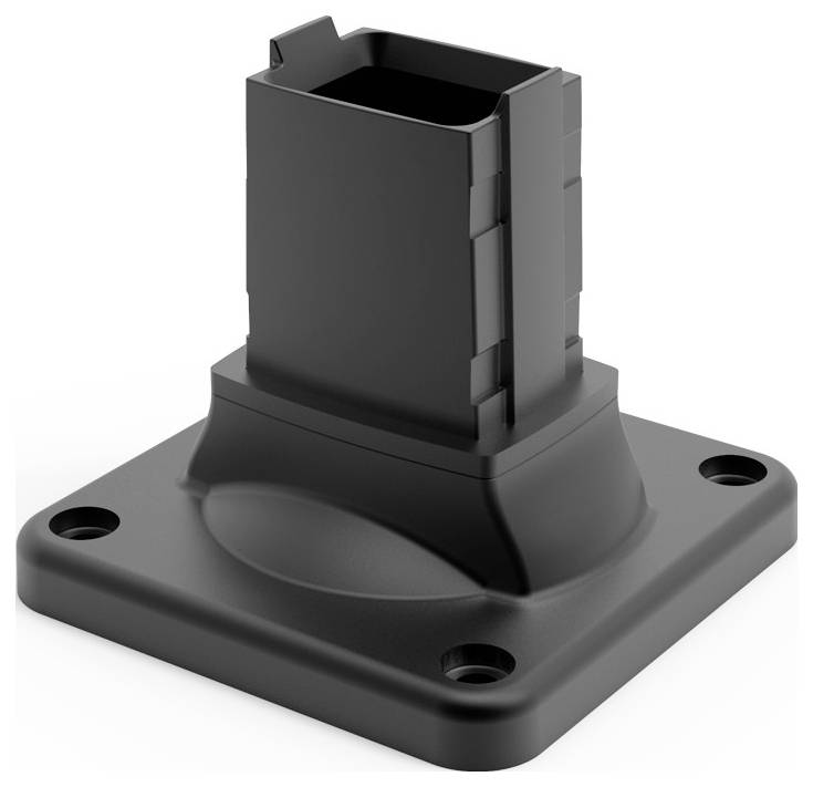 Schwarzes Kunststoff-Bauteil mit rechteckiger Halterung auf quadratischer Basis. Verfügt über vier Montagelöcher in den Ecken.