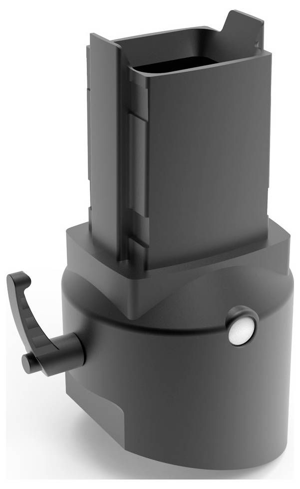 Eine schwarze Halterung mit Hebel, die wie ein Adapter für ein Rohr oder Stange aussieht.