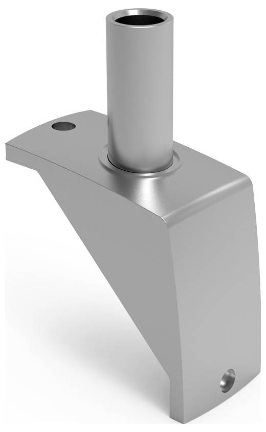 Metallisches Bauteil mit zylindrischem Stab, rechteckiger Basis und Befestigungslöchern, möglicherweise ein mechanisches Verbindungselement.