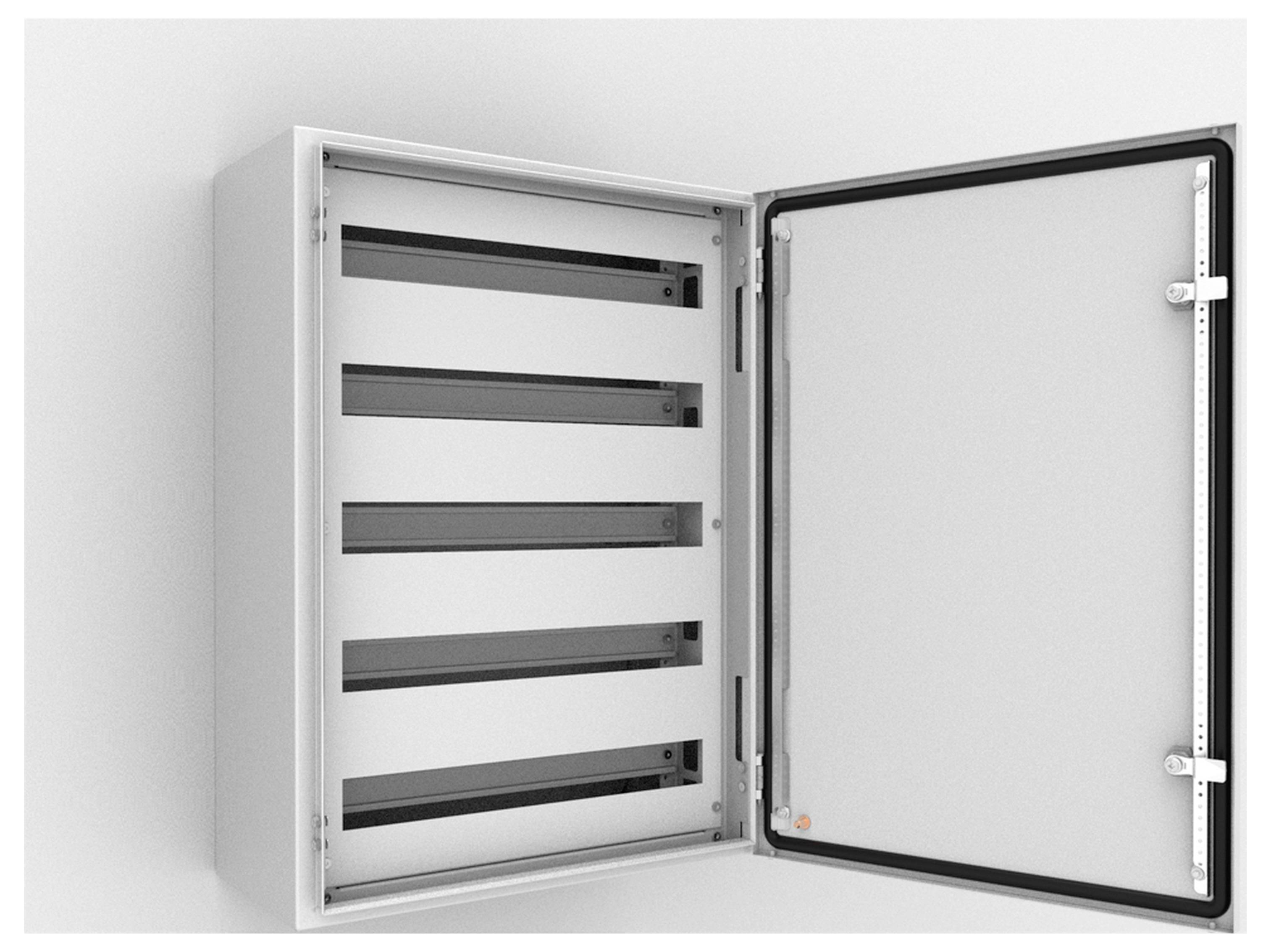 Ein geöffneter Verteilerkasten mit vier horizontalen Schienen im Inneren, bereit für die Installation von elektrischen Komponenten.
