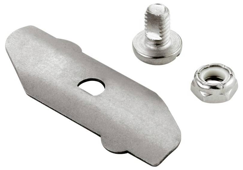 Metallhalterung mit Schraube und Mutter, geeignet für die Montage von Geräten auf ebenen Oberflächen.