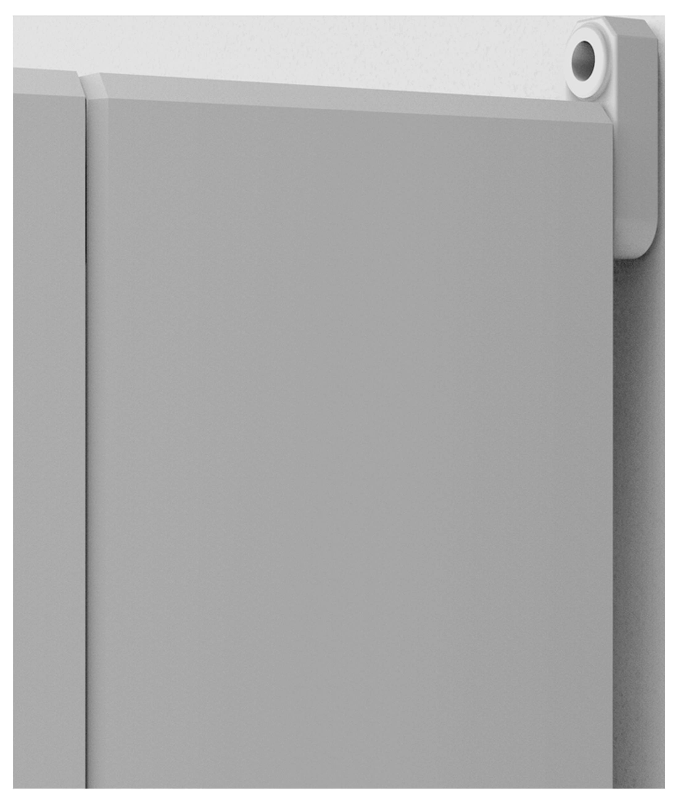 Seitenansicht eines grauen Wandpaneels mit abgerundeter Kante oben rechts, montiert an einer weißen Wandhalterung.
