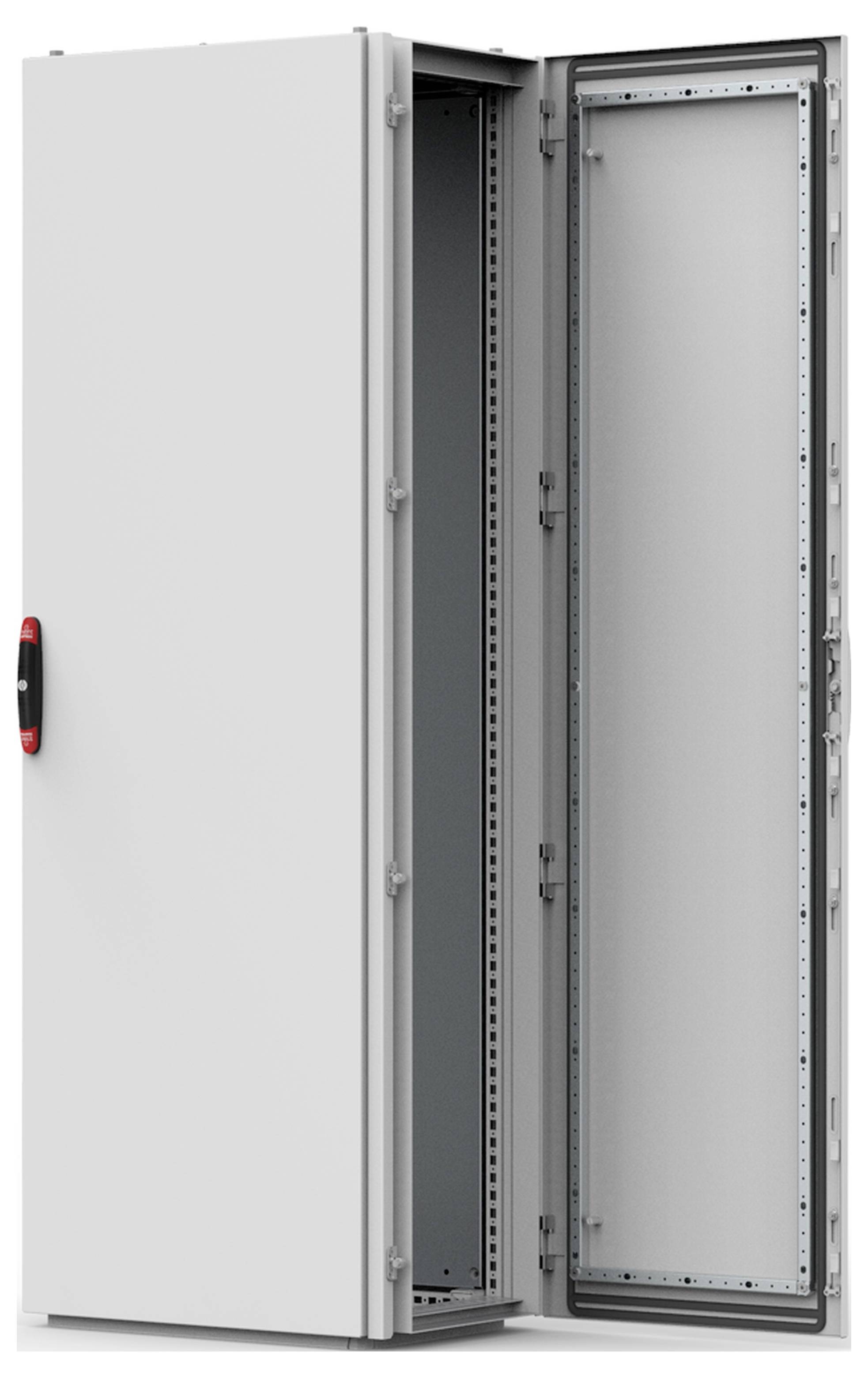 Ein geöffneter, leerer Metallschrank mit einem schwarzen Griff an der linken Tür. Der Innenraum ist sichtbar.