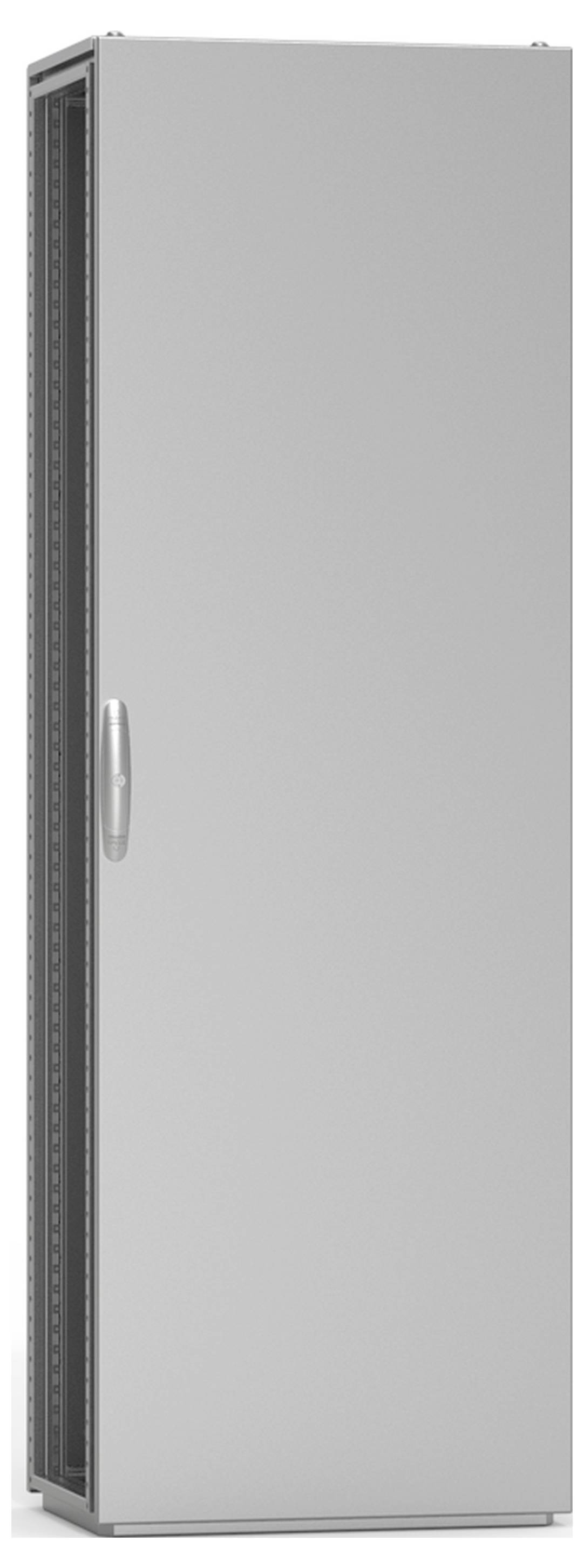 Ein grauer Schrank mit Griff, geschlossen. Geeignet für Technik oder Netzwerkausrüstung, zeigt keine sichtbaren Details oder Marken.