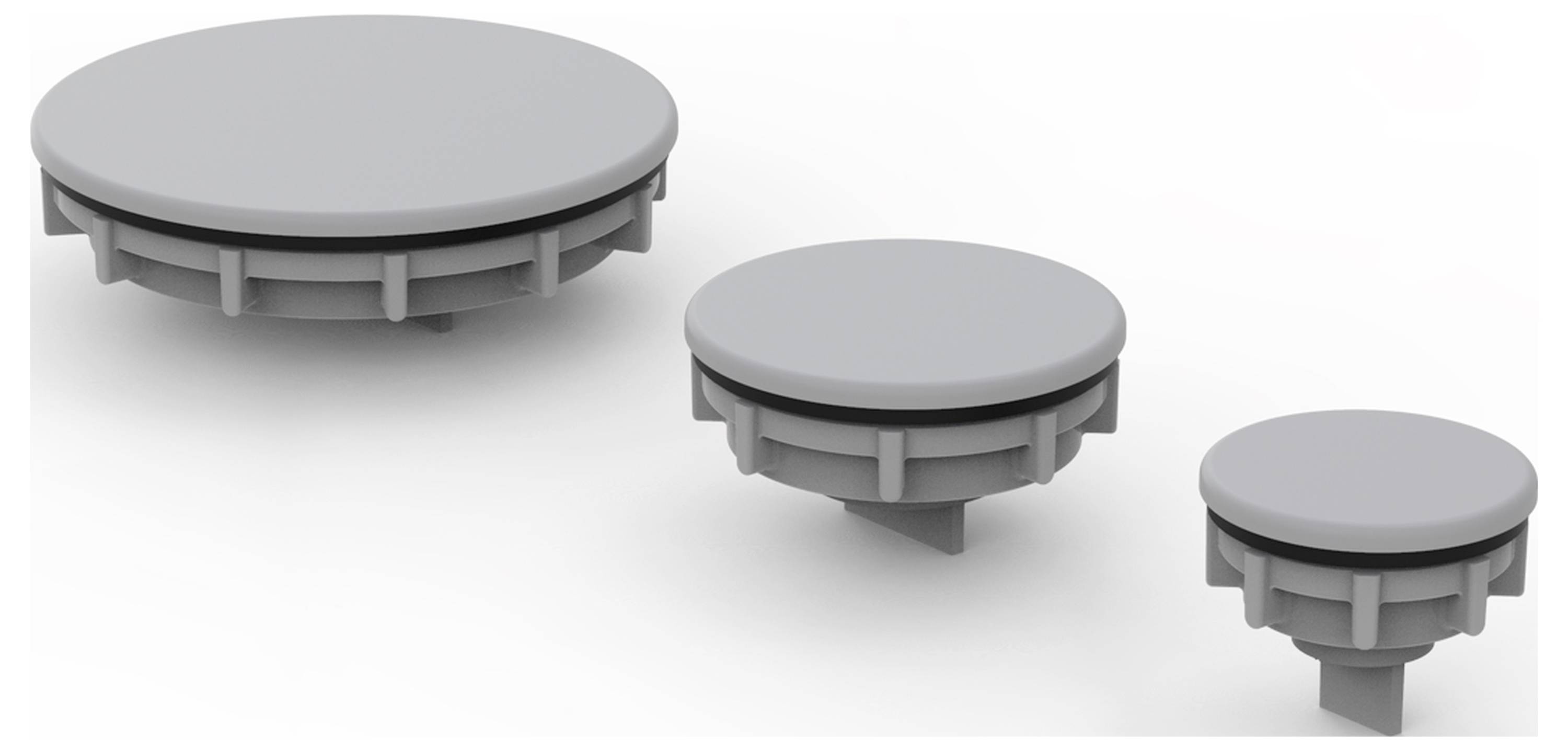 Drei graue, unterschiedlich große Abdeckungen in aufsteigender Reihenfolge von rechts nach links, vor einem weißen Hintergrund.