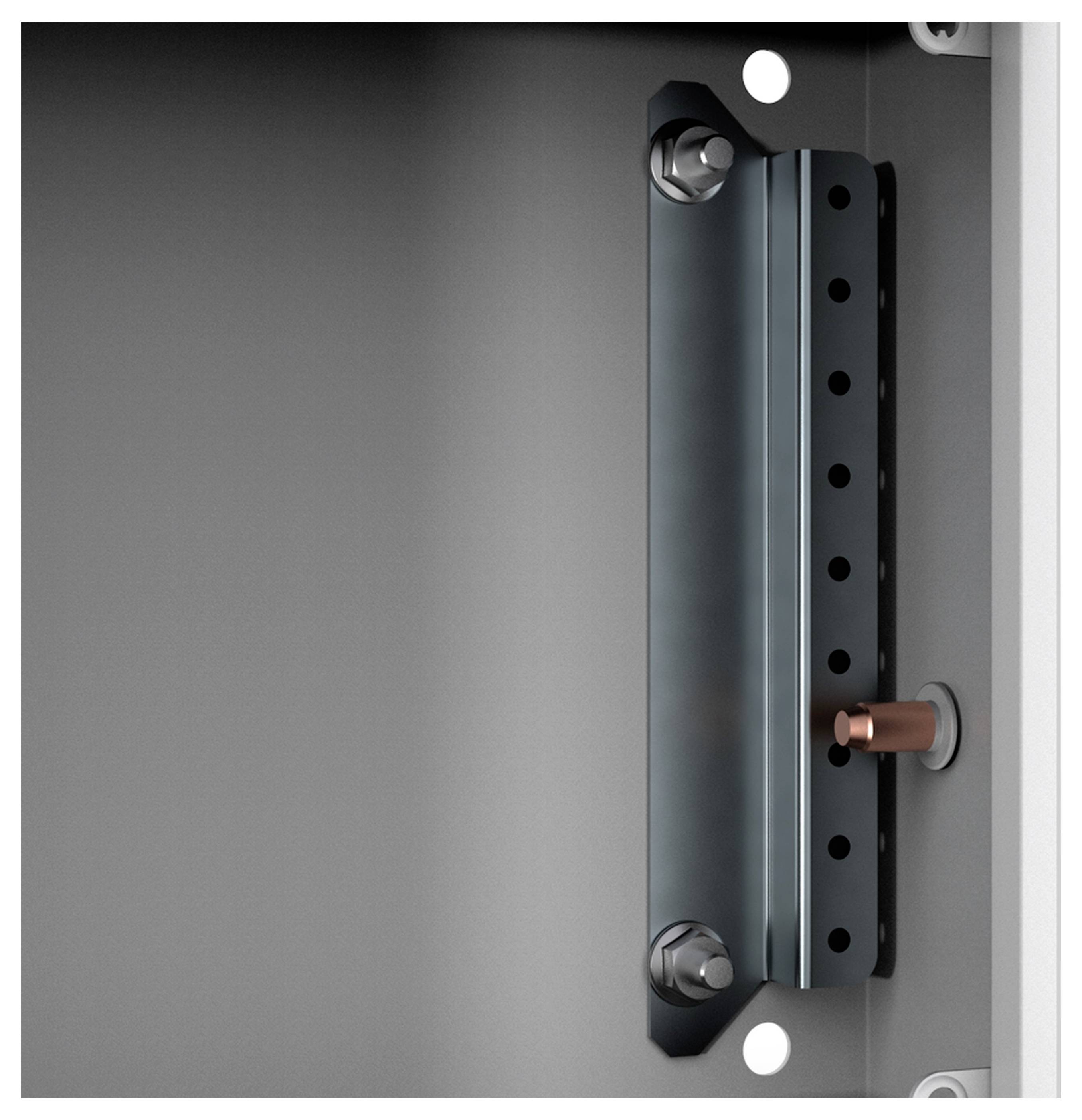 Metallschiene mit Schrauben in einer dunklen, reflektierenden Oberfläche montiert. Kleine rote Stange ragt horizontal aus der Schiene heraus.