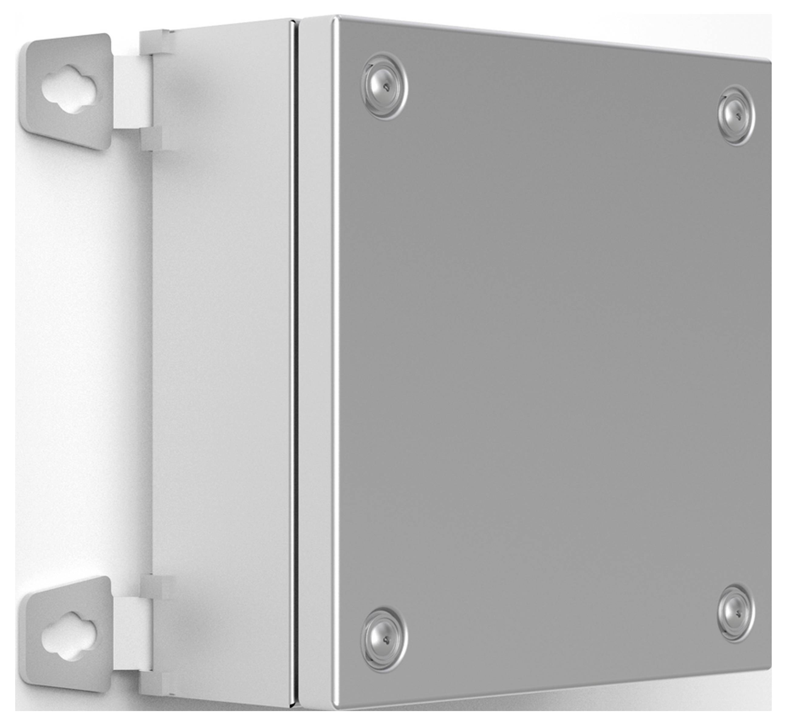 Metall-Steckdose mit vier sichtbaren Schrauben an jeder Ecke, an einer Wand montiert.