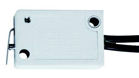 Rechteckiger, weißer elektrischer Komponentenblock mit Beschriftung 'Typ: 07-351' und schwarzem Kabel rechts.