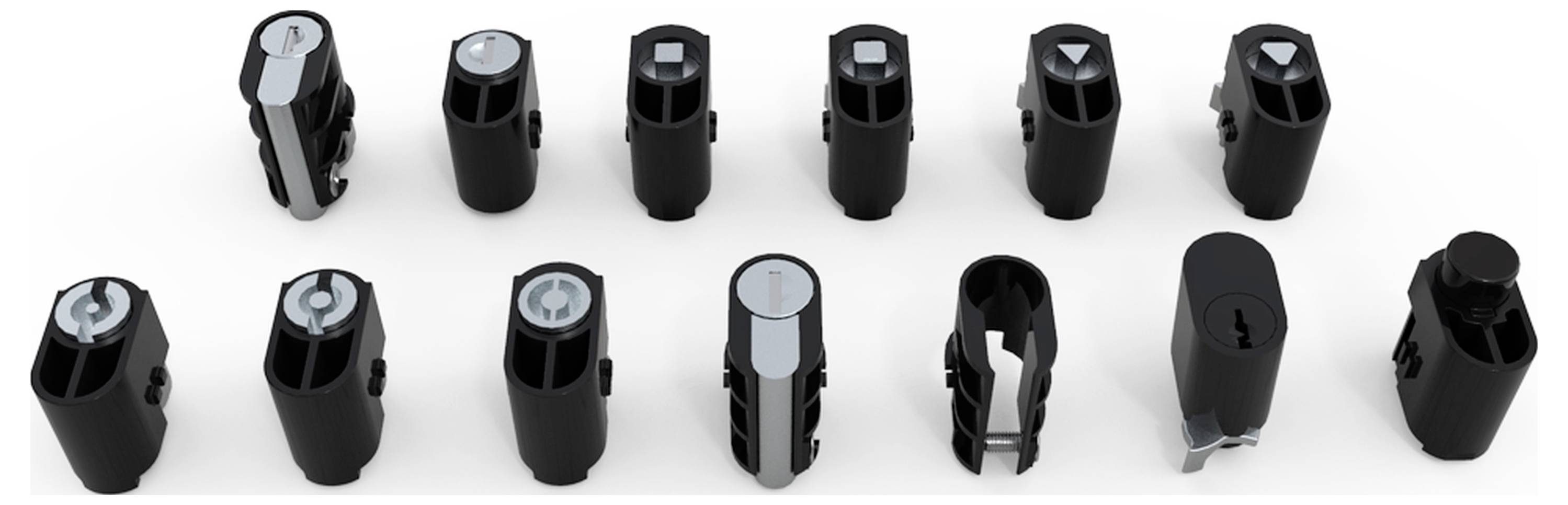 Verschiedene schwarze Verschlussmechanismen für Rohre, in verschiedenen Designs und Blickwinkeln, auf weißem Hintergrund angeordnet.