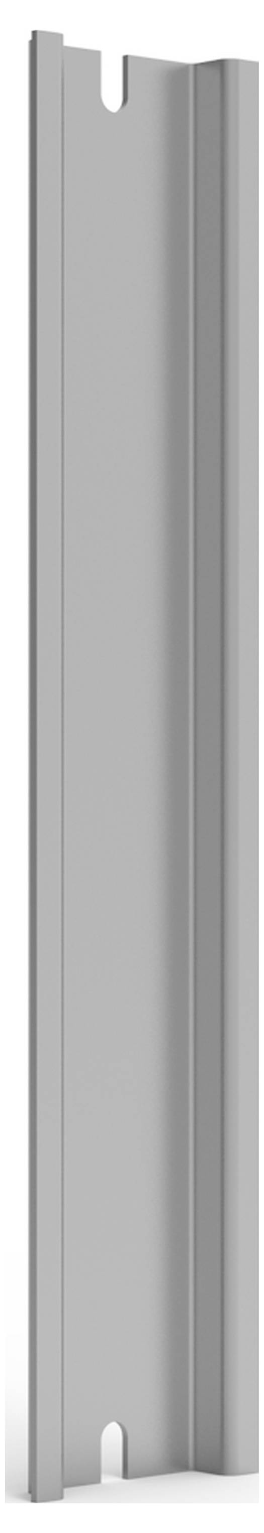 Graue, vertikale Aluminiumschiene mit zwei Einbuchtungen an den Rändern, möglicherweise ein Konstruktionsprofil.