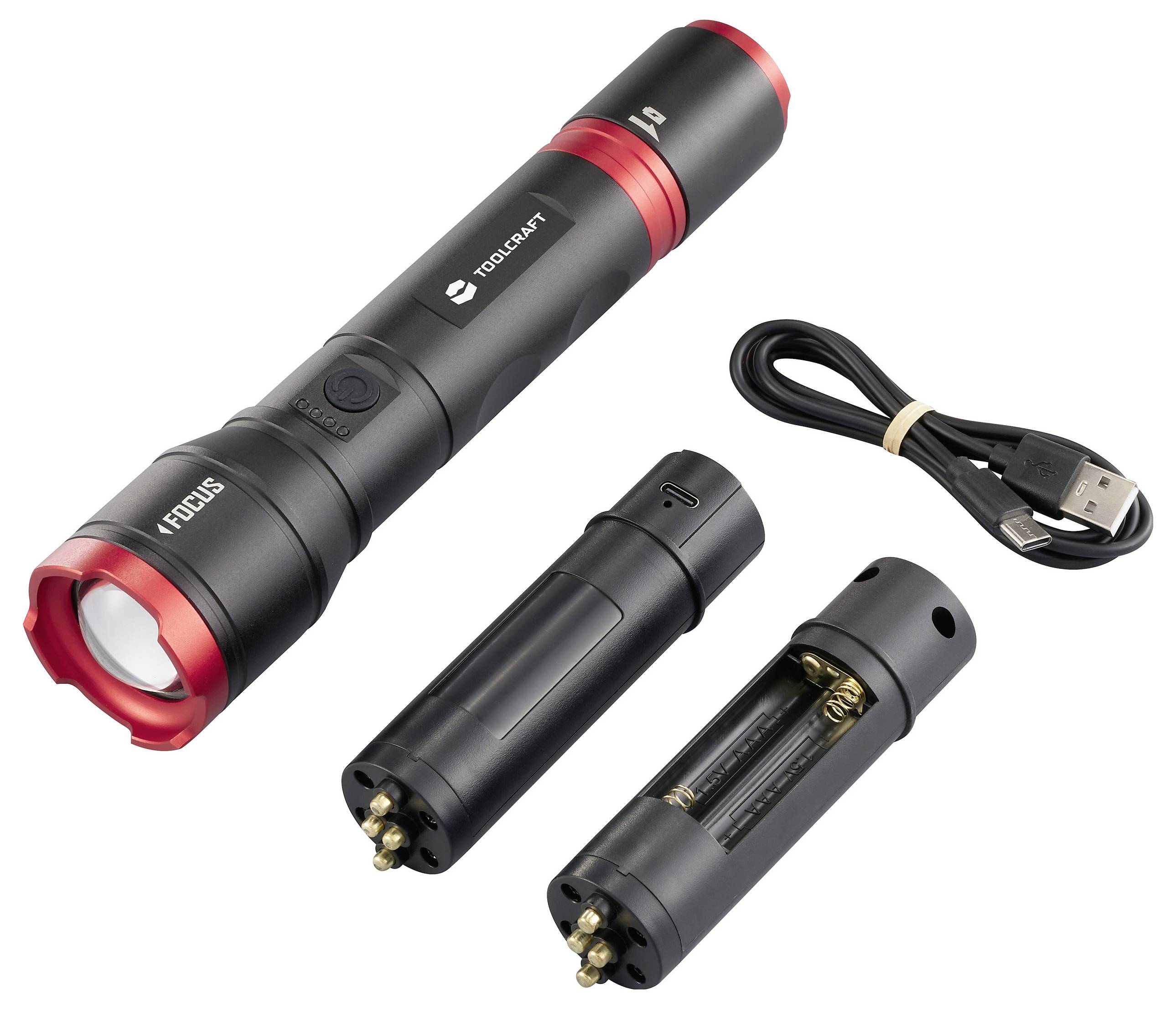Taschenlampe mit zwei Batterietypen und USB-Kabel zur Seite. Hauptprodukt in Schwarz mit roten Details, zeigt flexible Stromoptionen.