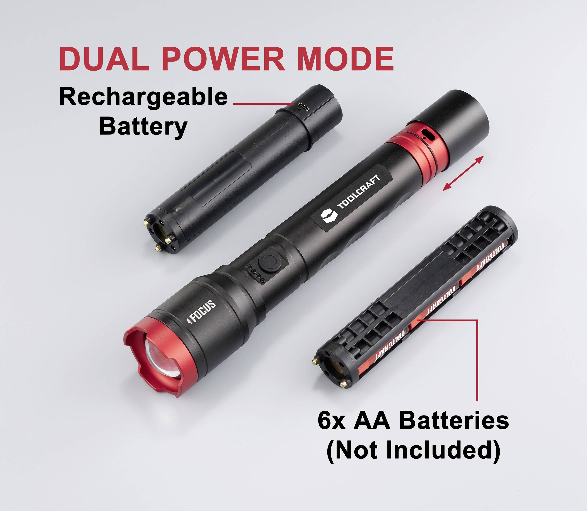 TOOLCRAFT Taschenlampe verstellbar, Einstellbare Punktgröße, mit Stroboskopmodus, mit USB-Schnittstelle Li-Ionen Akkus oder