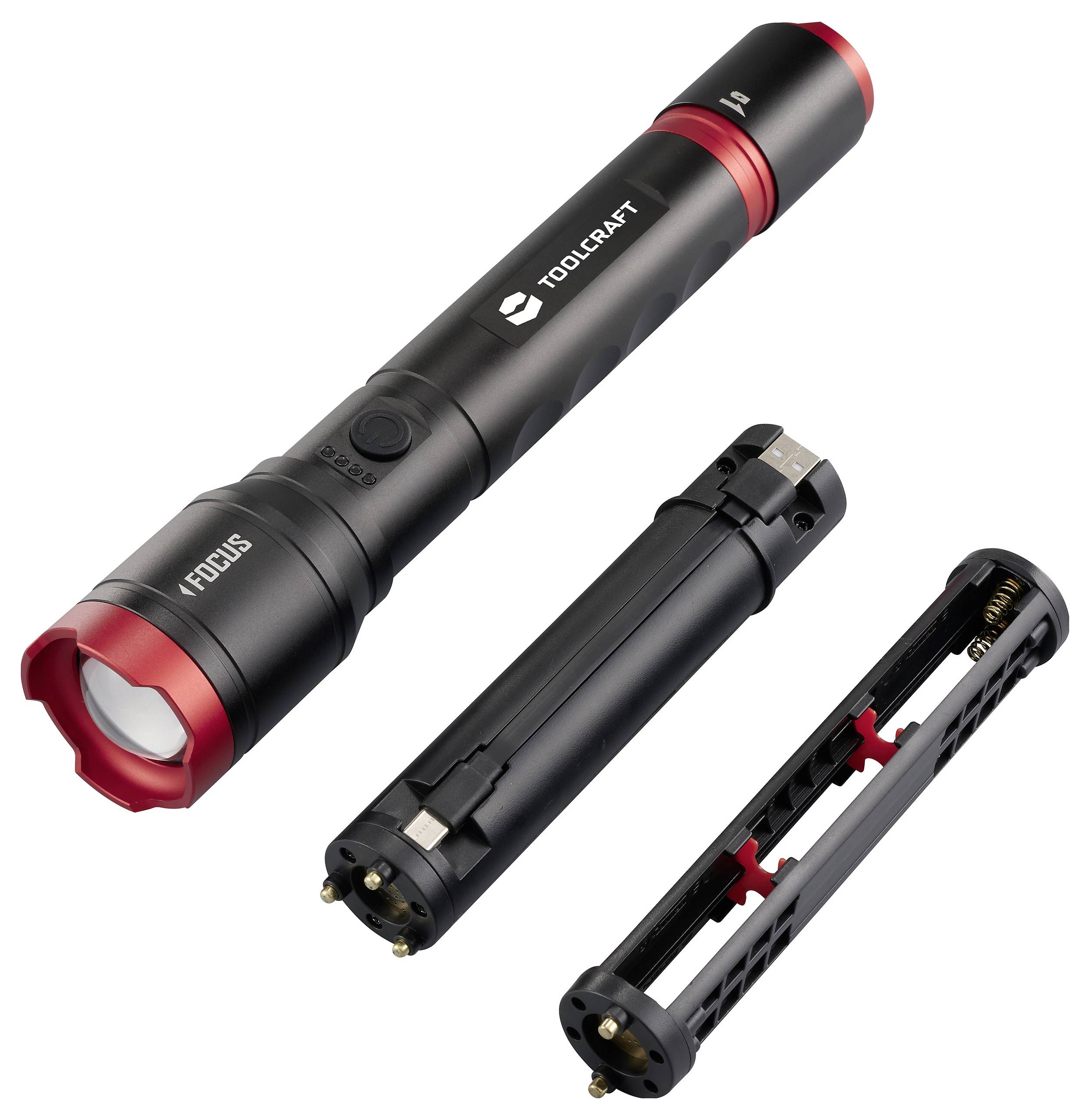 TOOLCRAFT Taschenlampe verstellbar, Einstellbare Punktgröße, mit Stroboskopmodus, mit USB-Schnittstelle Li-Ionen Akkus oder