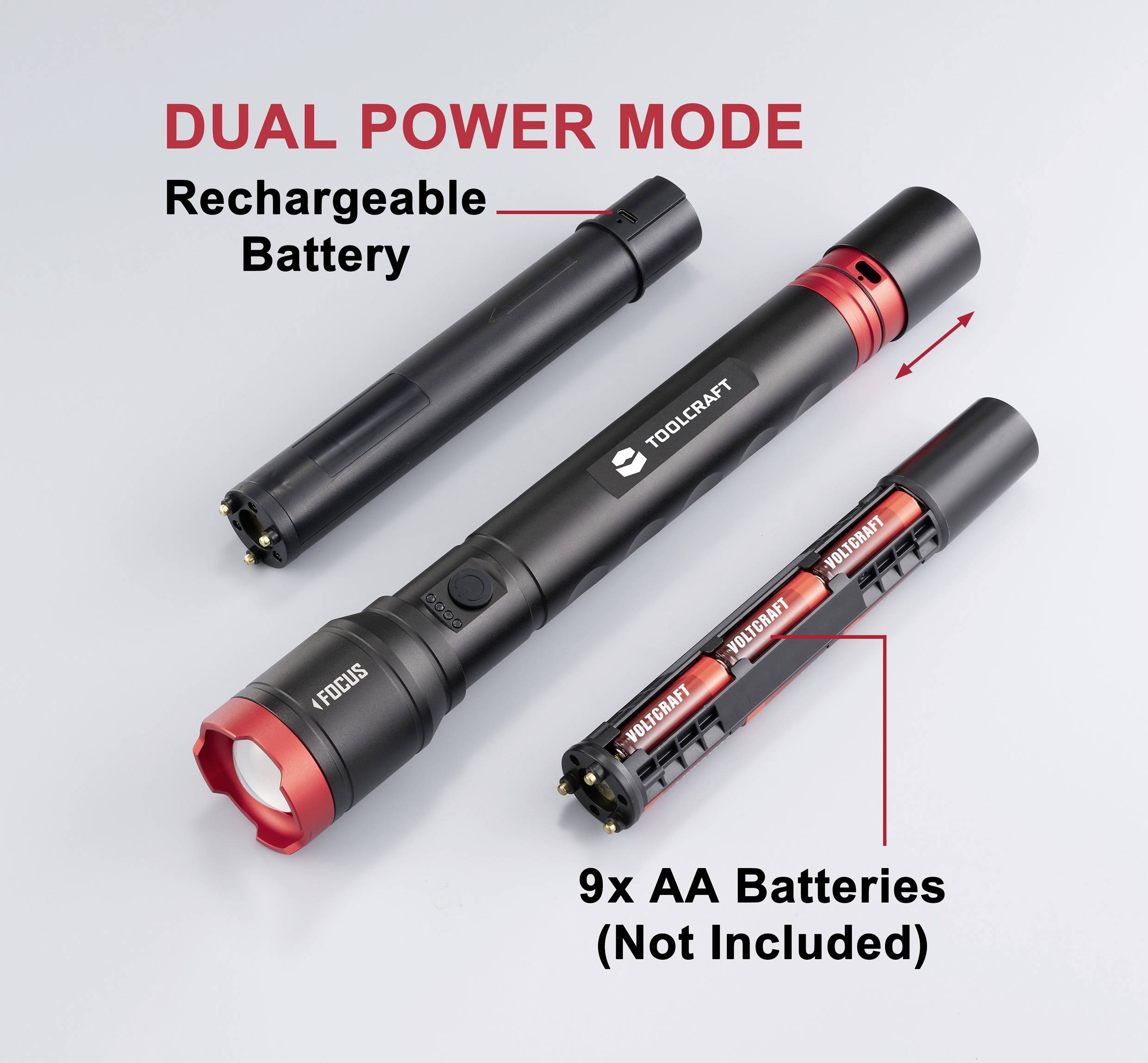 Taschenlampe mit 'Dual Power Mode'. Oben: Aufladbare Batterie, unten: 9x AA Batterien (nicht enthalten). Beide Optionen gezeigt.