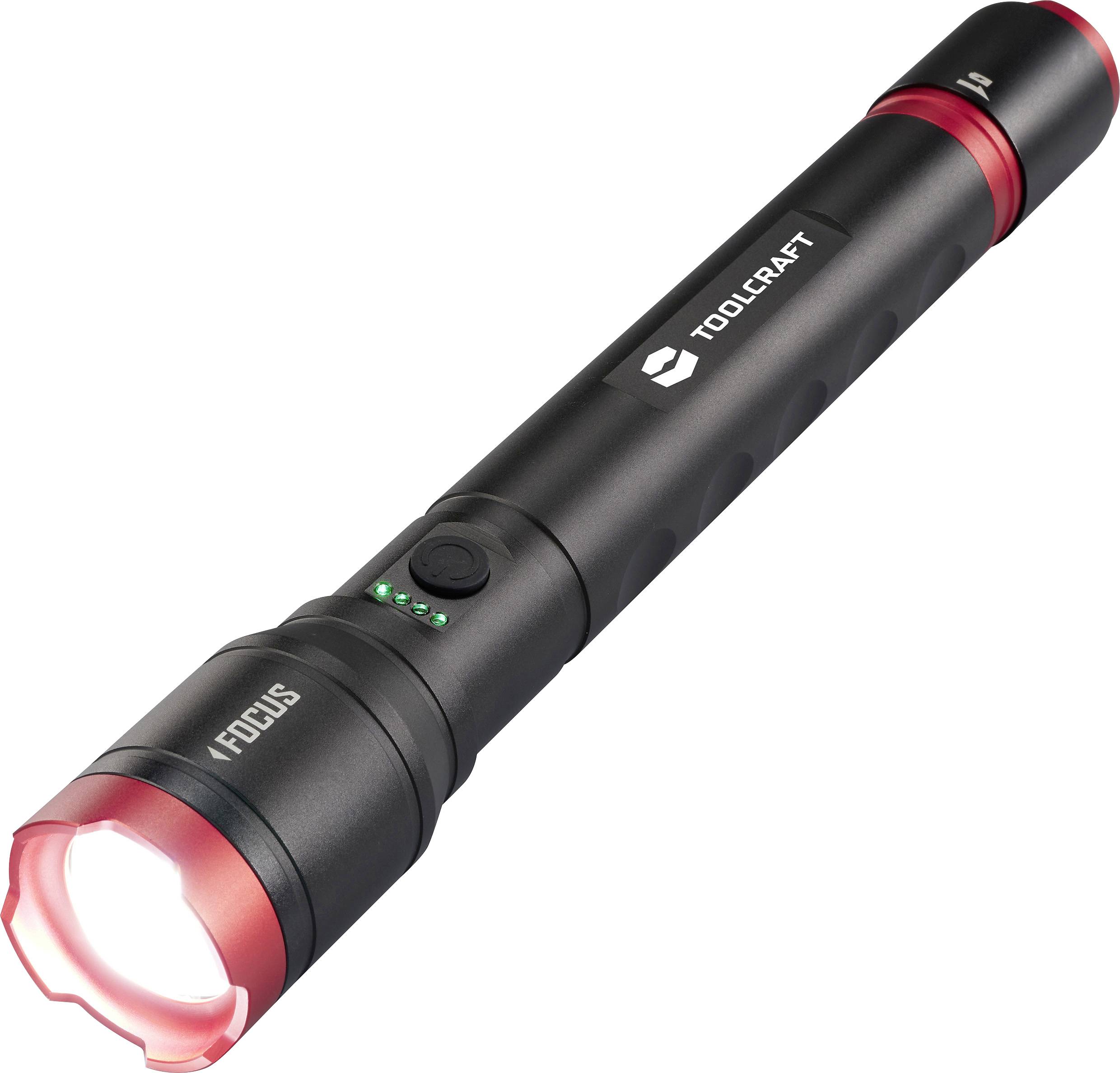 Schwarze Taschenlampe mit rotem Rand, Markenlogo und leuchtendem Schein vorne.