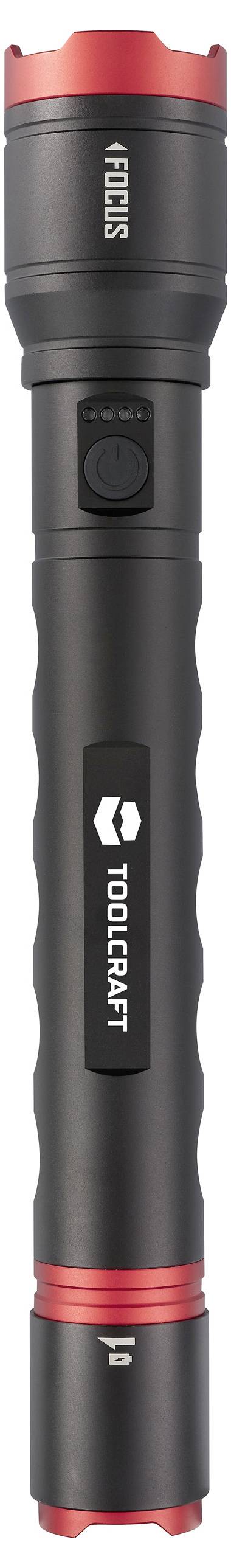Eine schwarze Taschenlampe mit roten Akzenten und der Aufschrift 'TOOLCRAFT' am Griff.