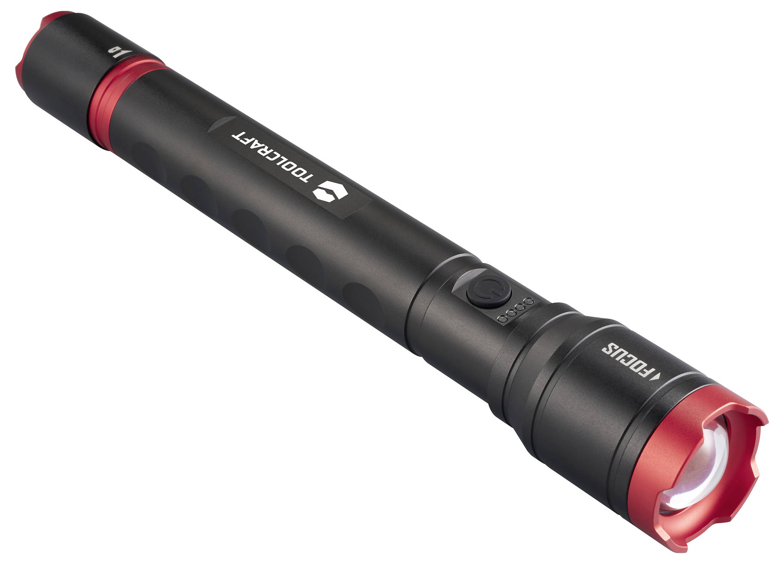 Schwarze und rote Taschenlampe in metallischem Design mit Fokusfunktion, seitlichem Schalter und 'Focus' Aufschrift.