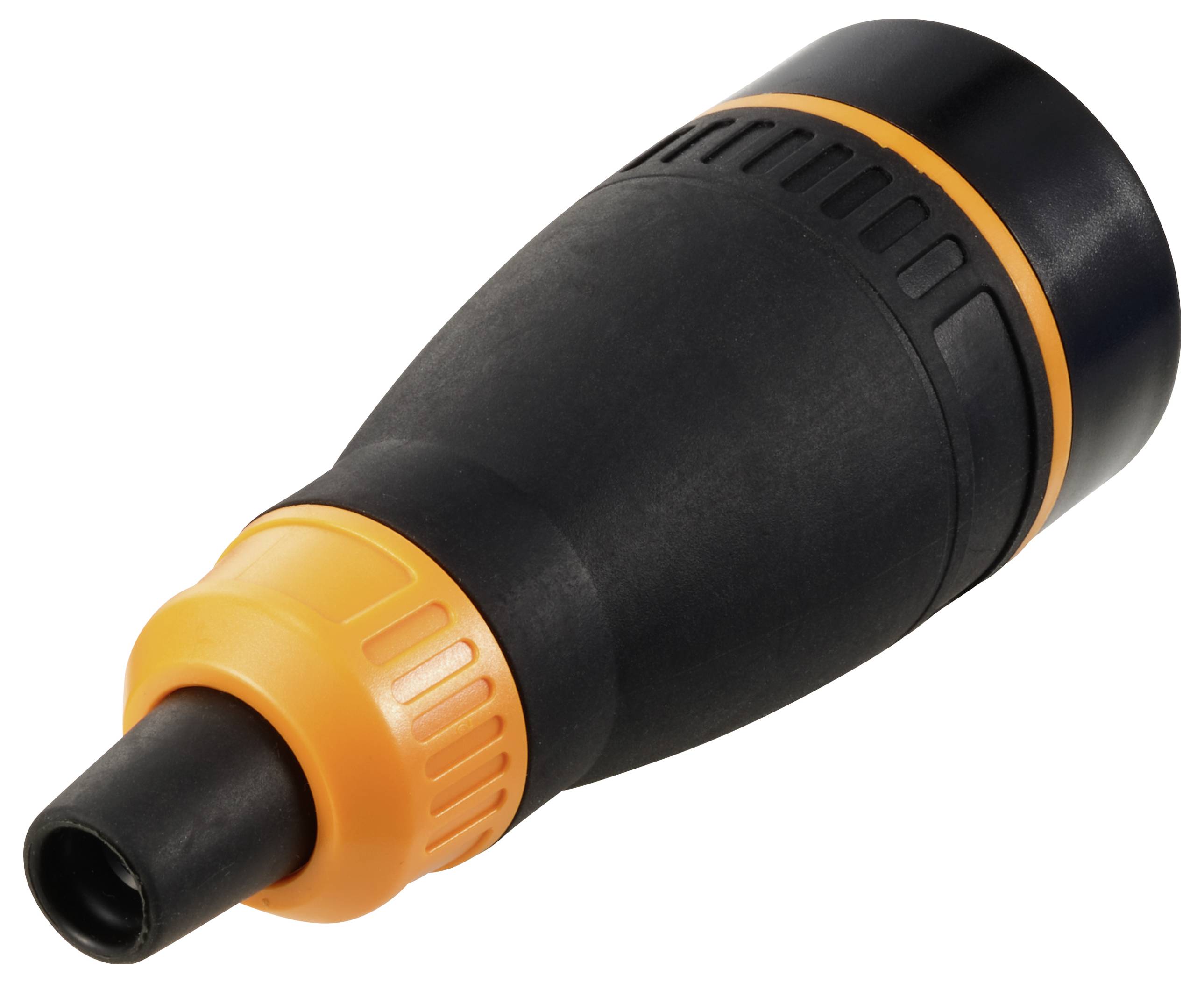 Schwarze und orangefarbene Gartenschlauch-Schnellkupplung aus Kunststoff, zur Verbindung von Schläuchen mit Bewässerungssystemen.