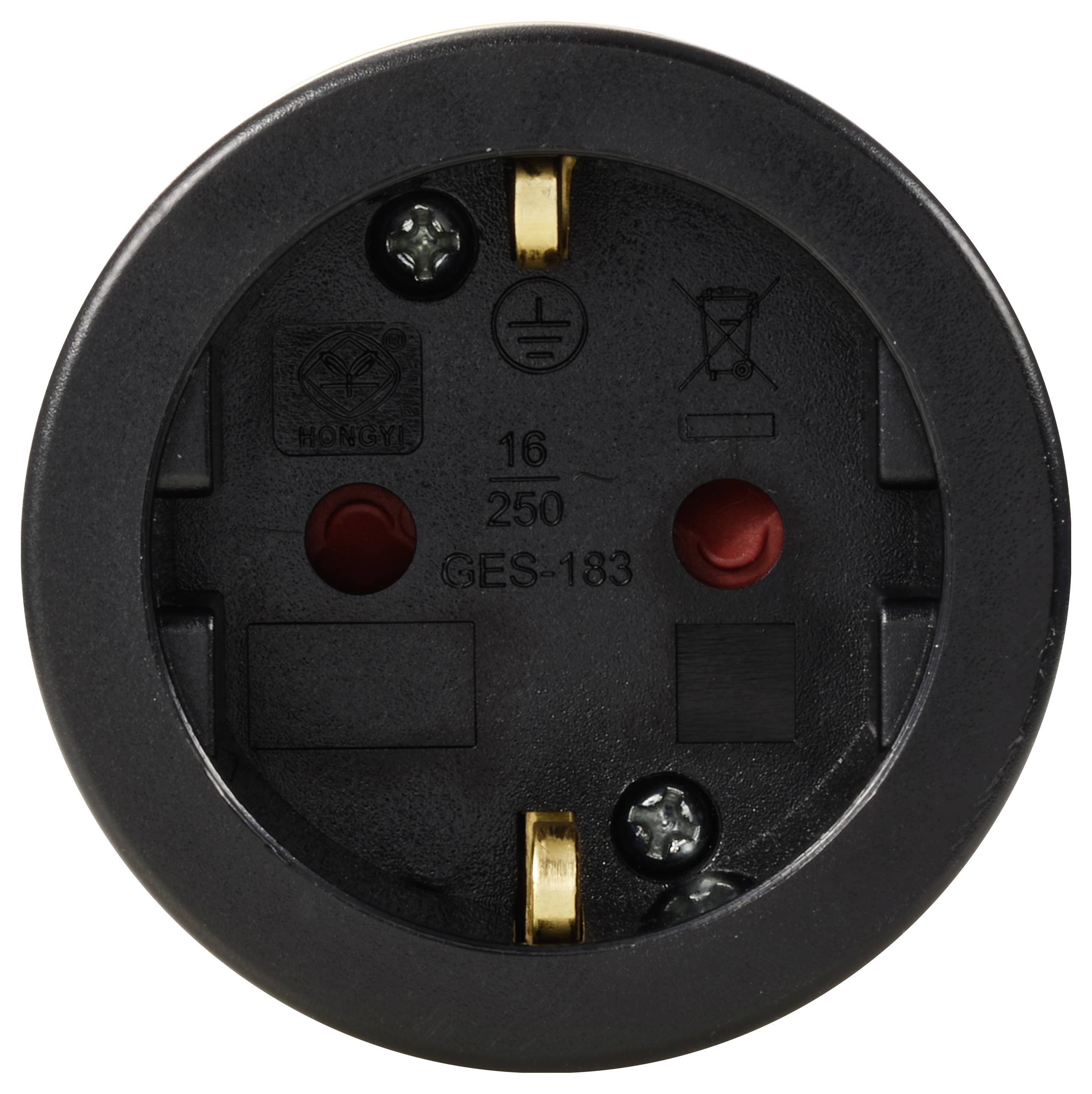 Ein schwarzer, runder Adapter mit zwei Steckplätzen und zwei goldenen Kontakten, geeignet für eine Spannung von 250 V.