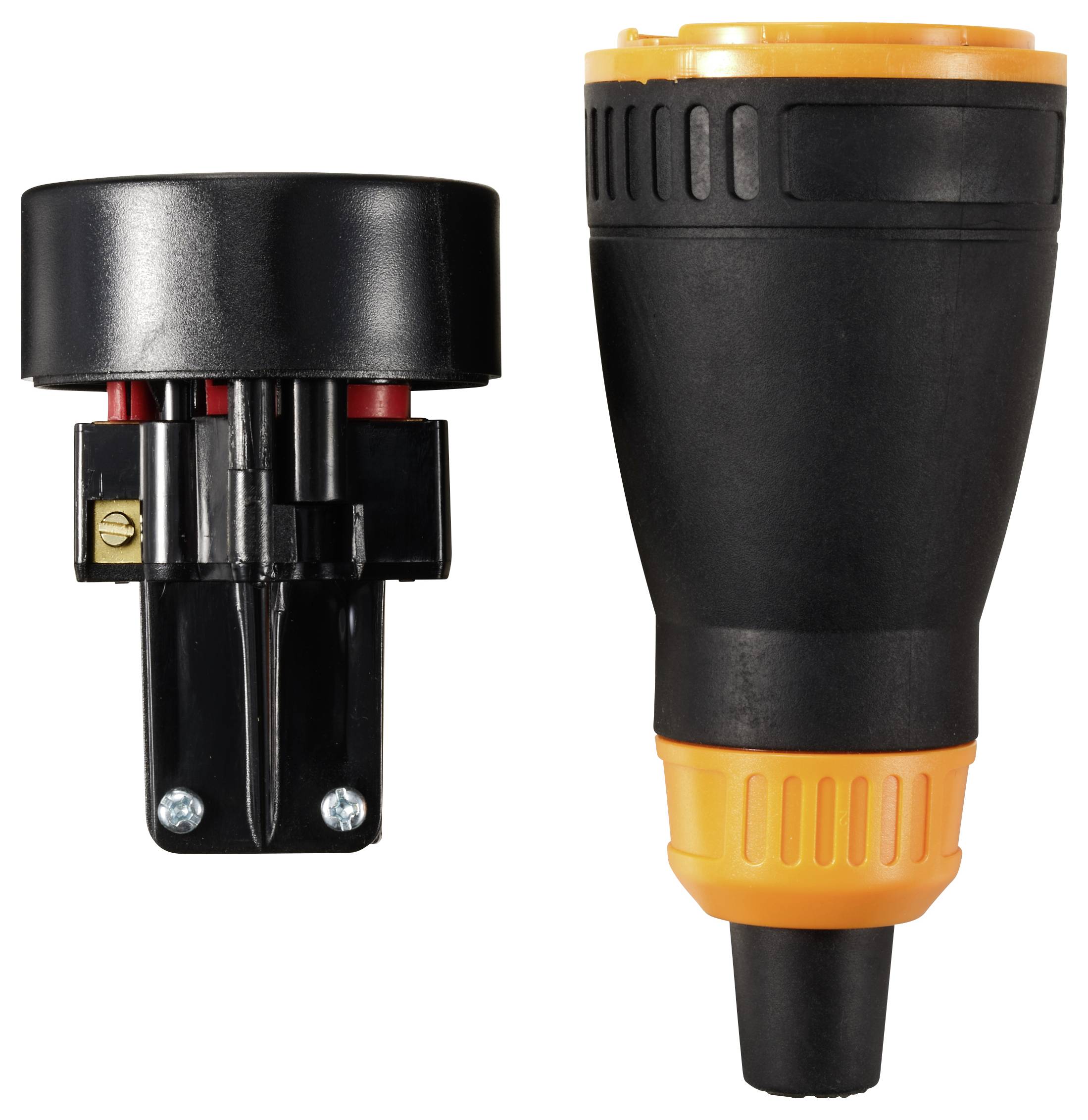 Zwei Steckadapter: Links ein Adapter mit schwarzem Gehäuse und zwei Schrauben, rechts ein konischer Adapter mit schwarzem und orangem Design.