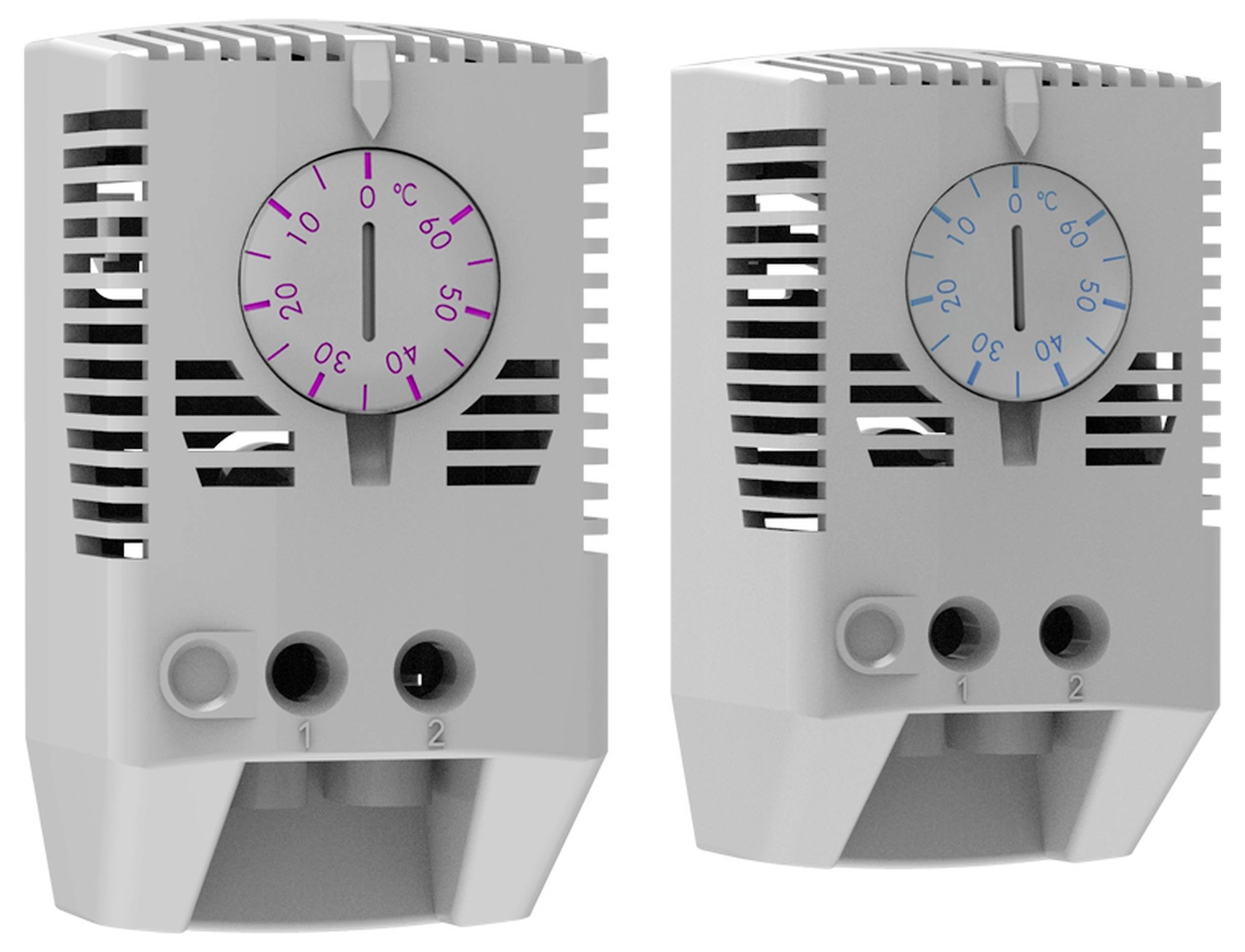Zwei thermostatische Regler mit Skalen. Links zeigt die Skala 0 bis 60 in Pink, rechts 0 bis 60 in Blau.